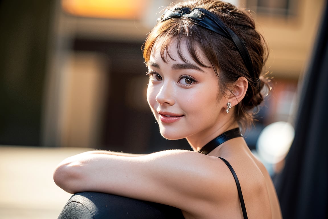 Ultra-realistic photo of Audrey Hepburn, 1girl, 22yo, masterpiece, best quality, photorealistic, raw photo, short hair, gucci style, light smile, black cloth, view from the left side, low key, sunset_background