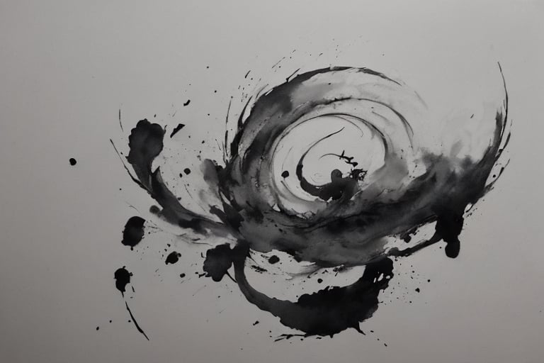 chinese ink wash painting, oriental beauty dancing, dynamic flowing movements, minimalist composition with ample negative space, splashes of black ink, delicate washes, calligraphic brushstrokes, (wabi-sabi), (zen simplicity), monochrome with touches of red, atmospheric perspective, NSFW