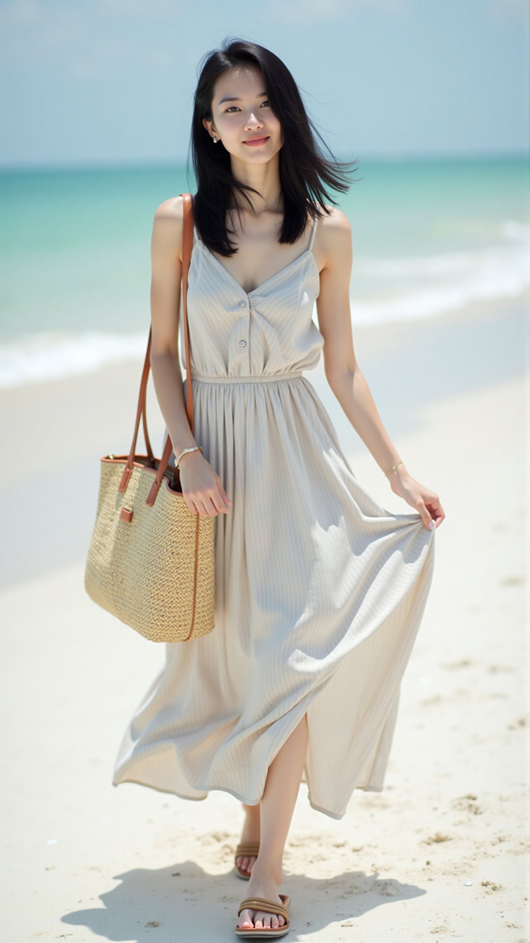 A 20-year-old Asian woman with shoulder-length black hair, Sleeveless midi dress, beach tote, flat sandals