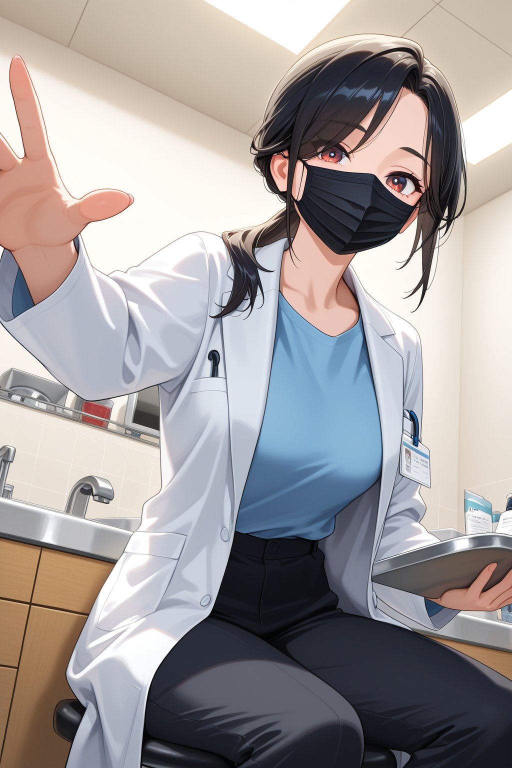 An Asian professional female dentist doctor,  Blue T-shirt,  Open white medical coat by YU-DA,LIN on Tensor.Art