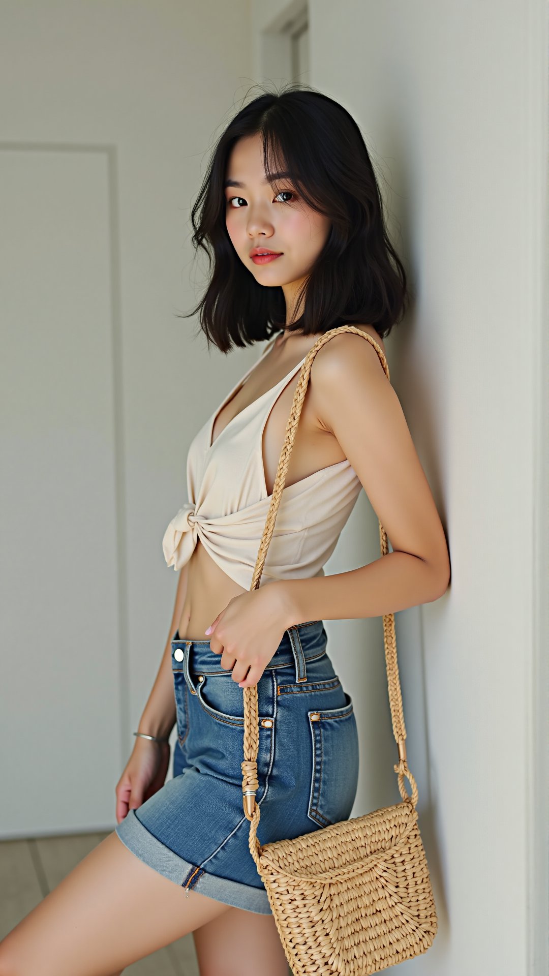 A 20-year-old Asian woman with shoulder-length black hair, Wrap top, denim shorts, straw tote bag