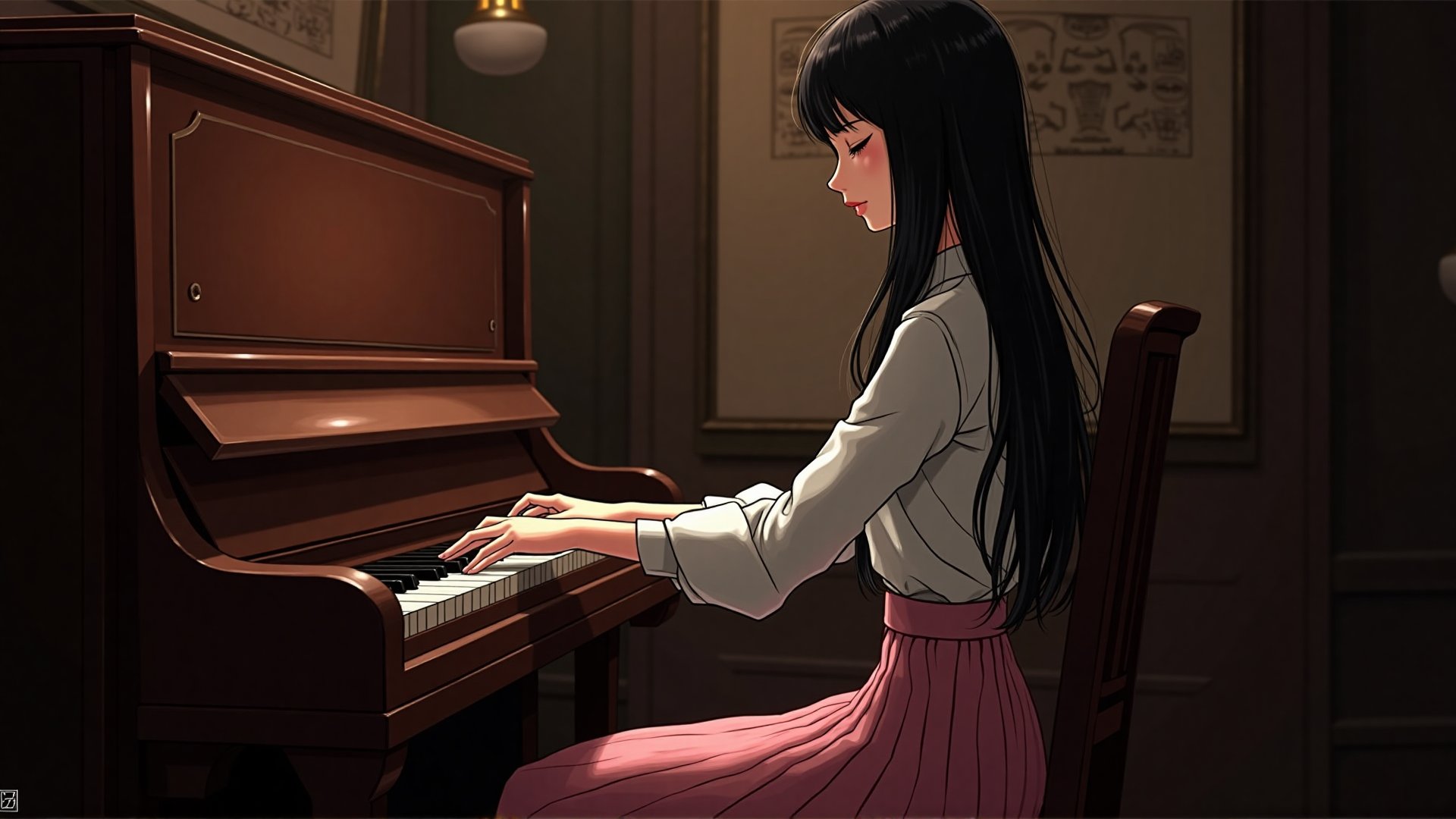 (Japanese exquisite comic style), A 20 year old asian woman with long black hair, 173 cm tall and slim figure, White blouse, pink pleated skirt, She is playing a vintage piano in a dimly lit jazz bar, her eyes closed as she loses herself in the music, the room filled with a warm, nostalgic ambiance.