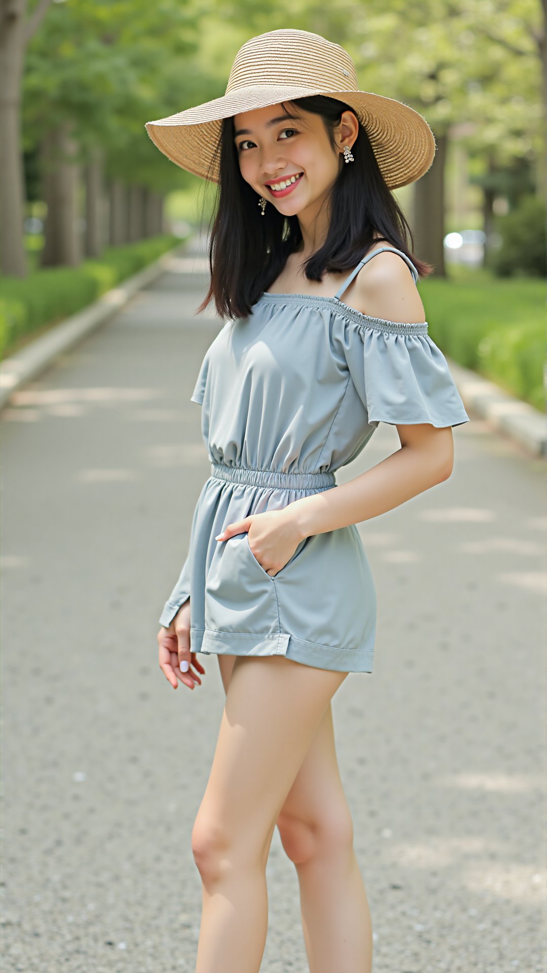 A 20-year-old Asian woman with shoulder-length black hair, Off-shoulder romper, straw hat, espadrilles