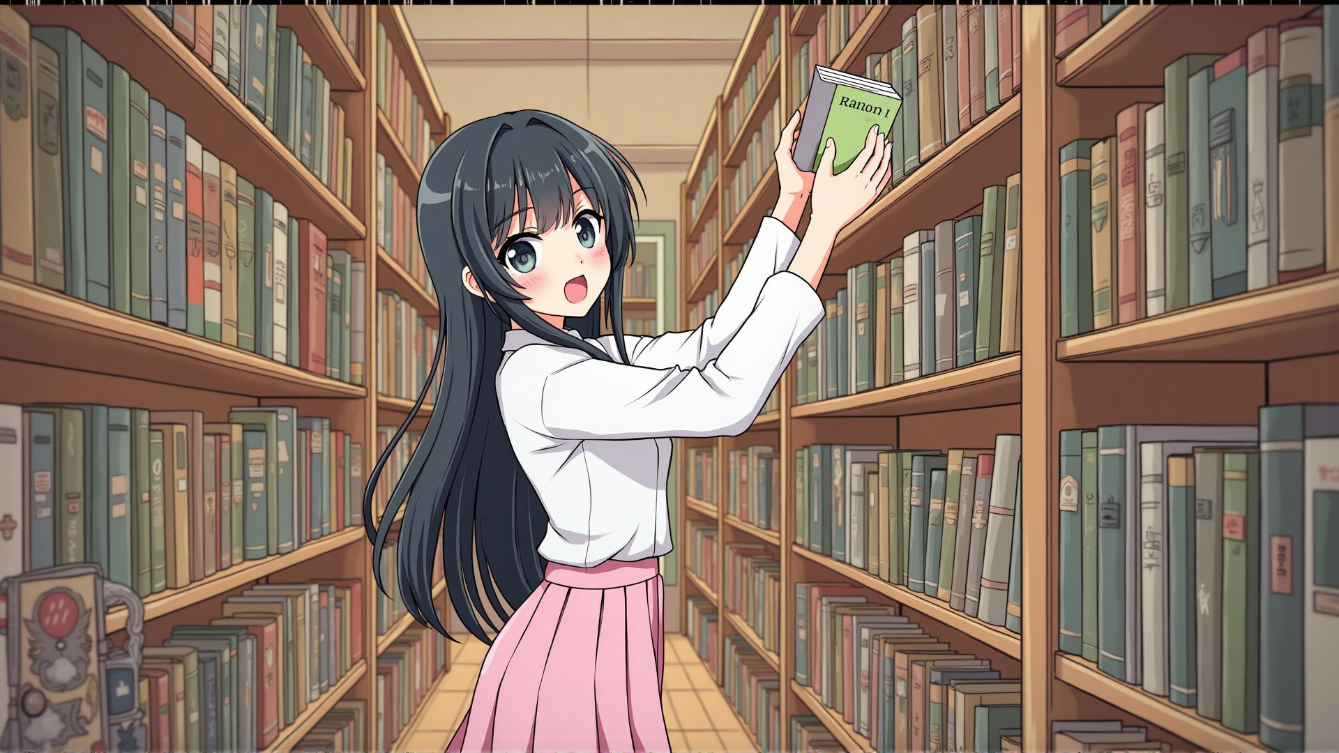 (Japanese exquisite comic style), A 20 year old asian woman with long black hair, 173 cm tall and slim figure, White blouse, pink pleated skirt, She is standing in a cozy bookstore, reaching up to pull a book from the top shelf, an excited expression on her face as she discovers a hidden treasure.