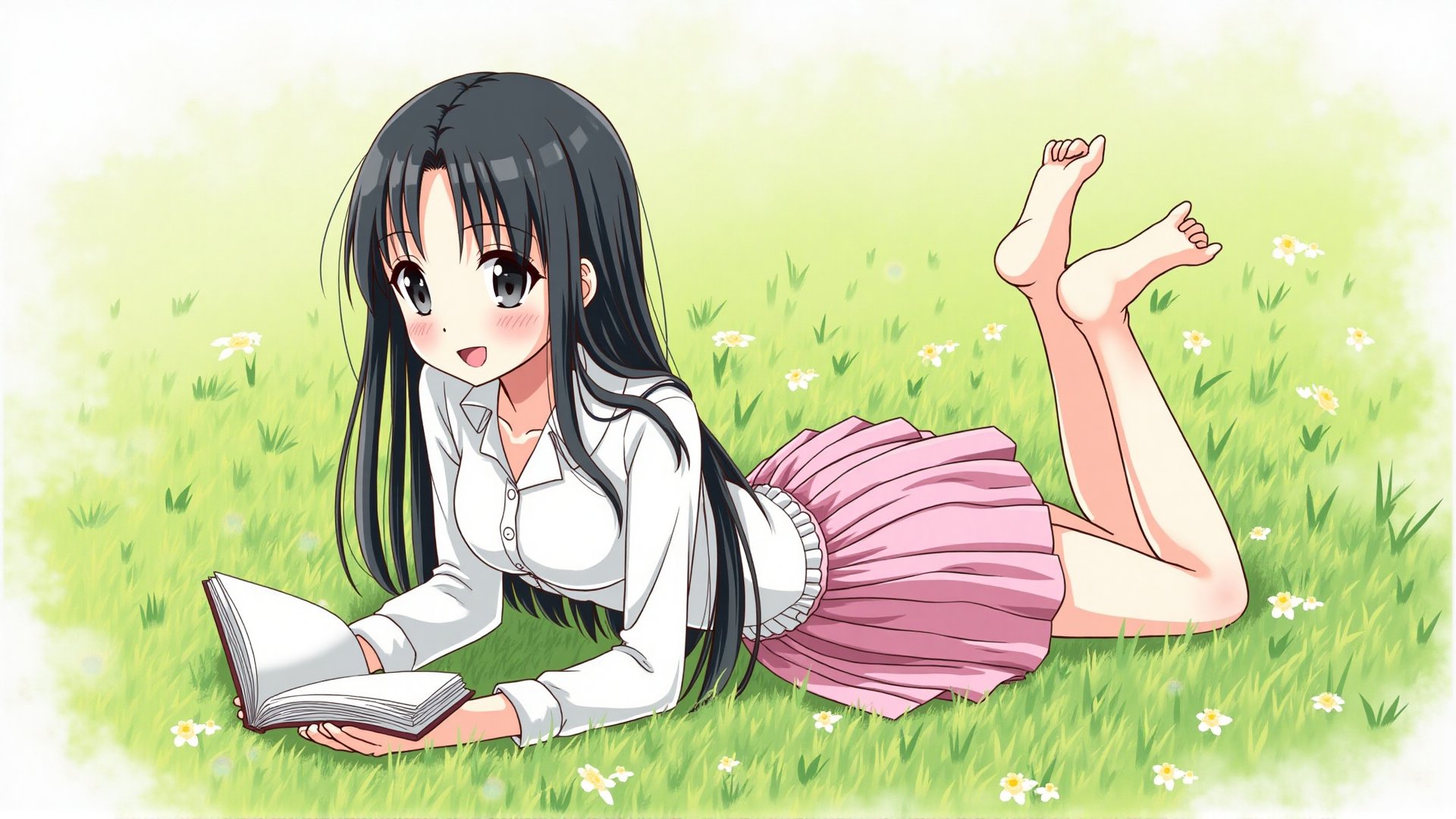 (Japanese exquisite comic style), A 20 year old asian woman with long black hair, 173 cm tall and slim figure, White blouse, pink pleated skirt, She was lying on the grass reading a book, surrounded by wildflowers, smile
