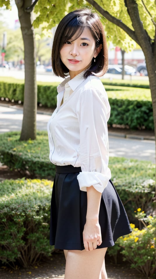 Create an image of a 50-year-old Asian Office Lady with a height of about 5'4" (163 cm). White shirt,gray skirt, Posing for photos in the park, look at viewer, focus on face,Background Bokeh