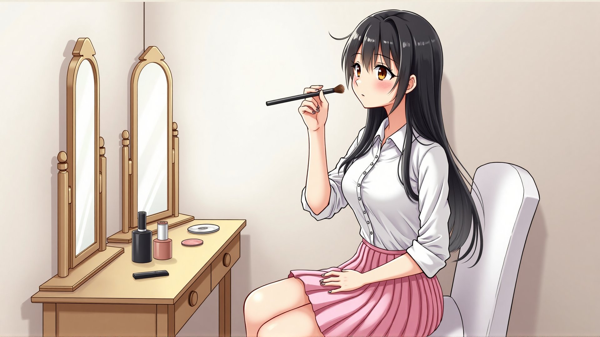 (Japanese exquisite comic style), A 20 year old asian woman with long black hair, 173 cm tall and slim figure, White blouse, pink pleated skirt, She is sitting in front of the dressing table in her bedroom, putting on her makeup