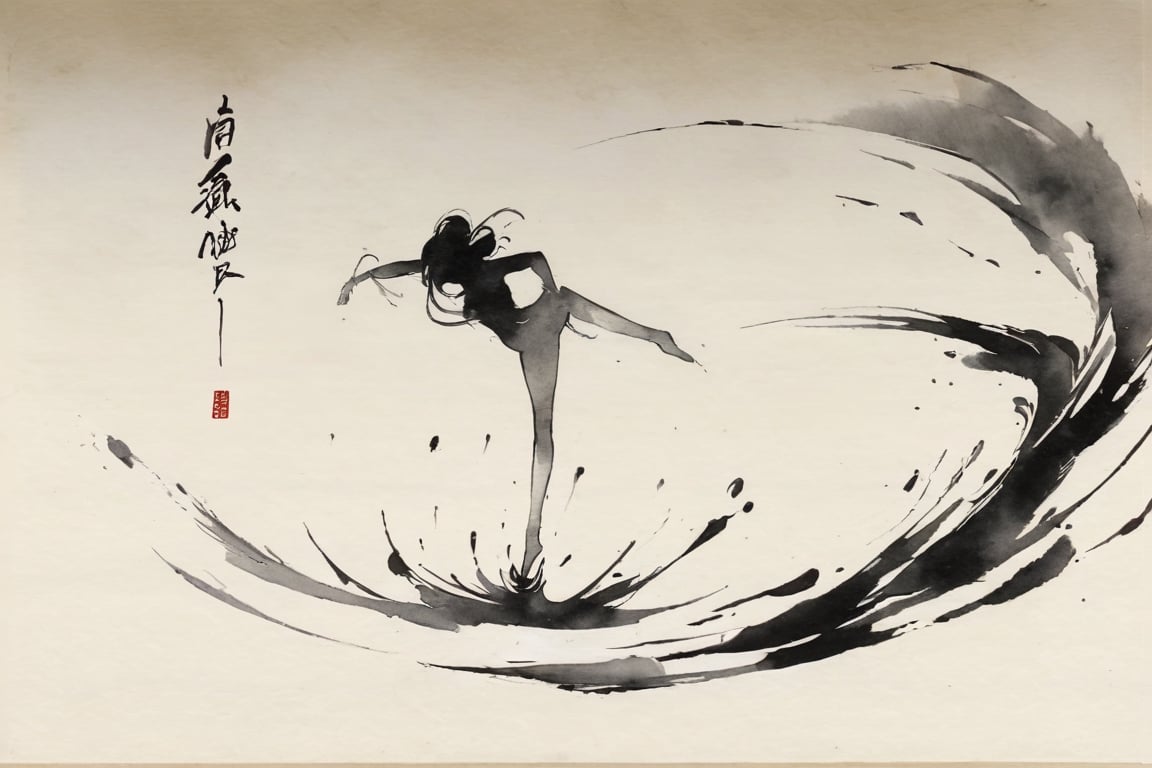 chinese ink wash painting, oriental beauty dancing, dynamic flowing movements, minimalist composition with ample negative space, splashes of black ink, delicate washes, calligraphic brushstrokes, (wabi-sabi), (zen simplicity), monochrome with touches of red, atmospheric perspective, NSFW