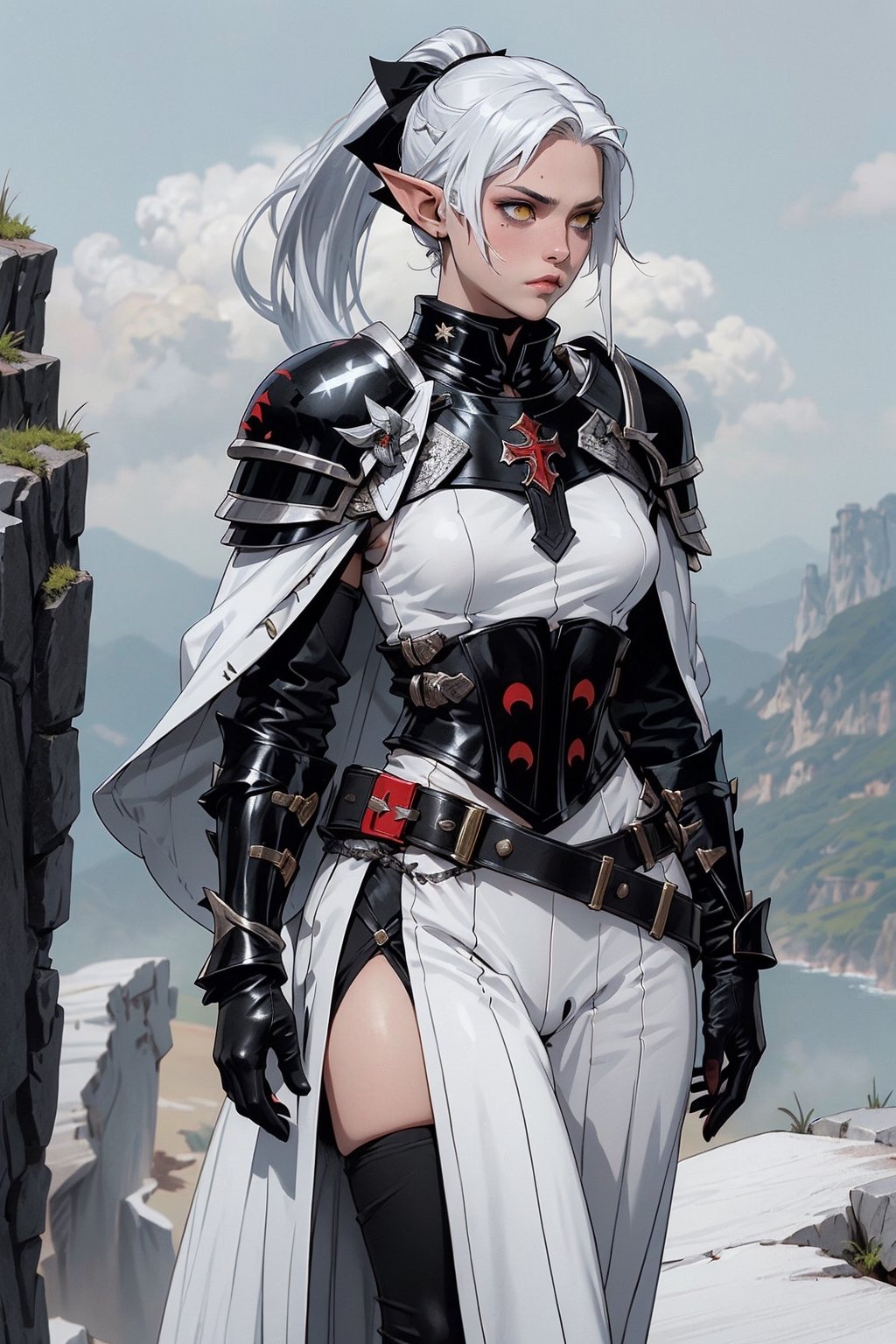 1girl,a white skinned musclar female, long-hair, single white skinned female, white skin, white hair, yellow eyes, medium breasts, muscular woman, elf,,(((onmyouji))),(((suikan))),armor,(White cloak with red decoration),(((one black gauntlet and glove))),((silver long ponytail hair)),((Walking on the cliff)),1 girl