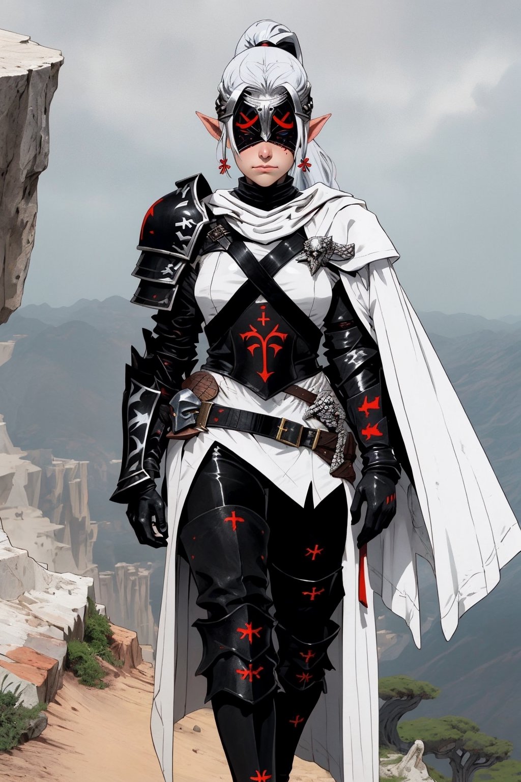 1girl,18 years old,beautiful elven girl,(((onmyouji))),(((suikan))),armor,(White cloak with red decoration),(((black gauntlet and glove))),((silver long ponytail hair)),((Walking on the cliff))