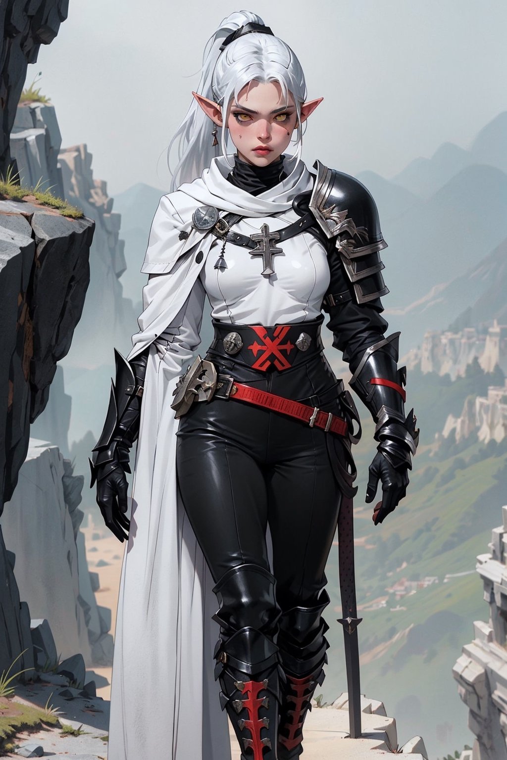 1girl,a white skinned musclar female, long-hair, single white skinned female, white skin, white hair, yellow eyes, medium breasts, muscular woman, elf,,(((onmyouji))),(((suikan))),armor,(White cloak with red decoration),(((one black gauntlet and glove))),((silver long ponytail hair)),((Walking on the cliff)),1 girl