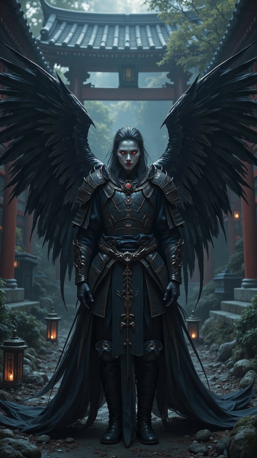 Create an ultra-realistic digital artwork of Kurogami,  a fallen angel representing the darker aspects of Japan. His wings...