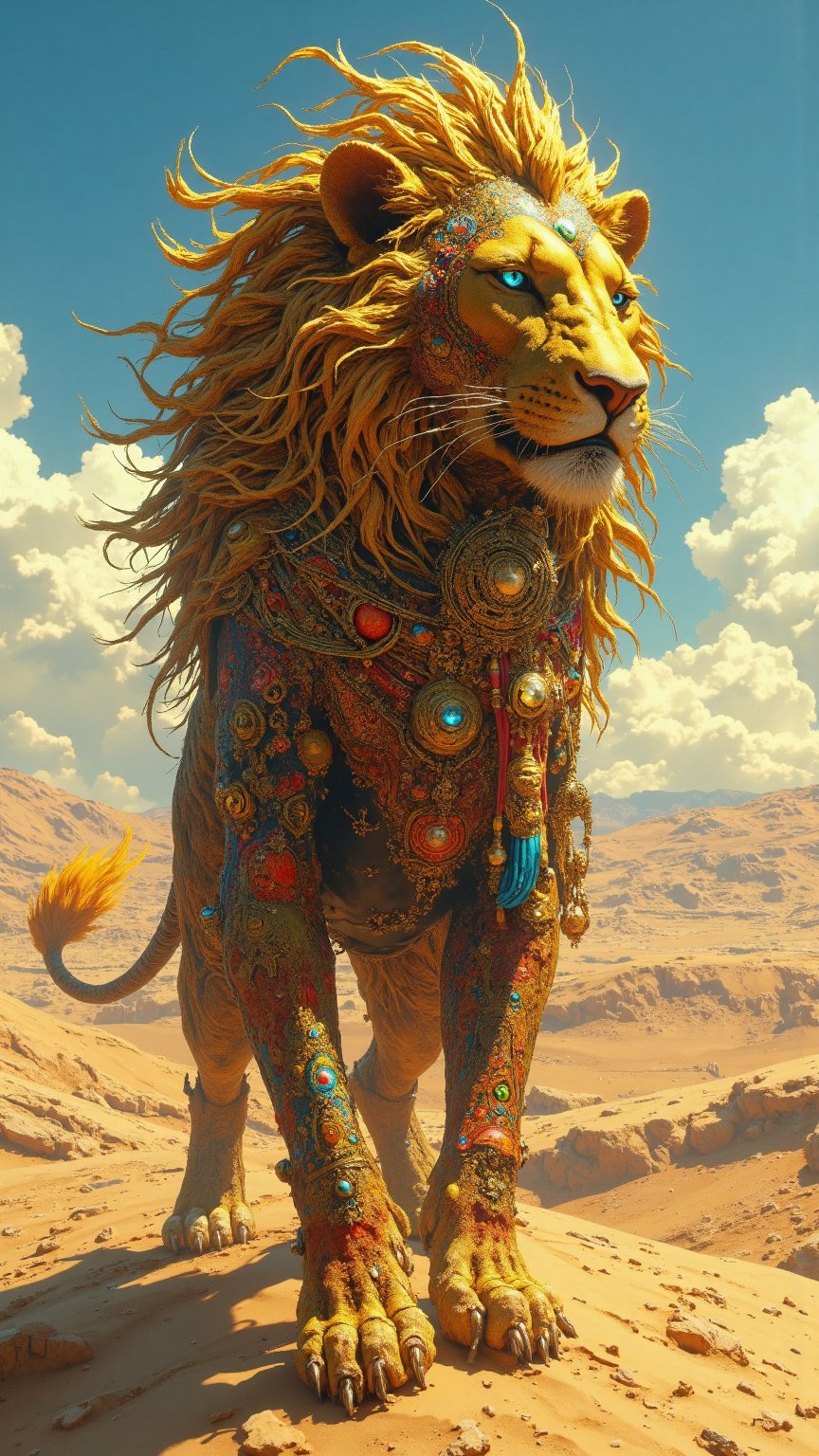 Create an ultra-realistic, extremely detailed digital art of Sankoro, a revered guardian creature representing Mali, in a style inspired by Zack Snyder. Sankoro takes the majestic form of a lion, with a flowing golden mane that shimmers in hues of orange and yellow, reminiscent of the Sahara's sands. Its powerful body is adorned with intricate patterns that mirror traditional Malian textiles, featuring vibrant reds, blues, and greens, showcasing the rich artistic heritage of the country. The creature's long, winding tail ends in a tuft resembling a swirling desert sandstorm, symbolizing its connection to the Sahara. Sankoro's deep azure eyes sparkle with ancient wisdom, reflecting the spirit of the Niger River. The scene captures Sankoro standing majestically on a dune, with the vast desert landscape in the background, and hints of the lush Niger River valley peeking through, evoking a sense of strength, resilience, and cultural richness as it embodies the unity of Mali’s people and heritage.