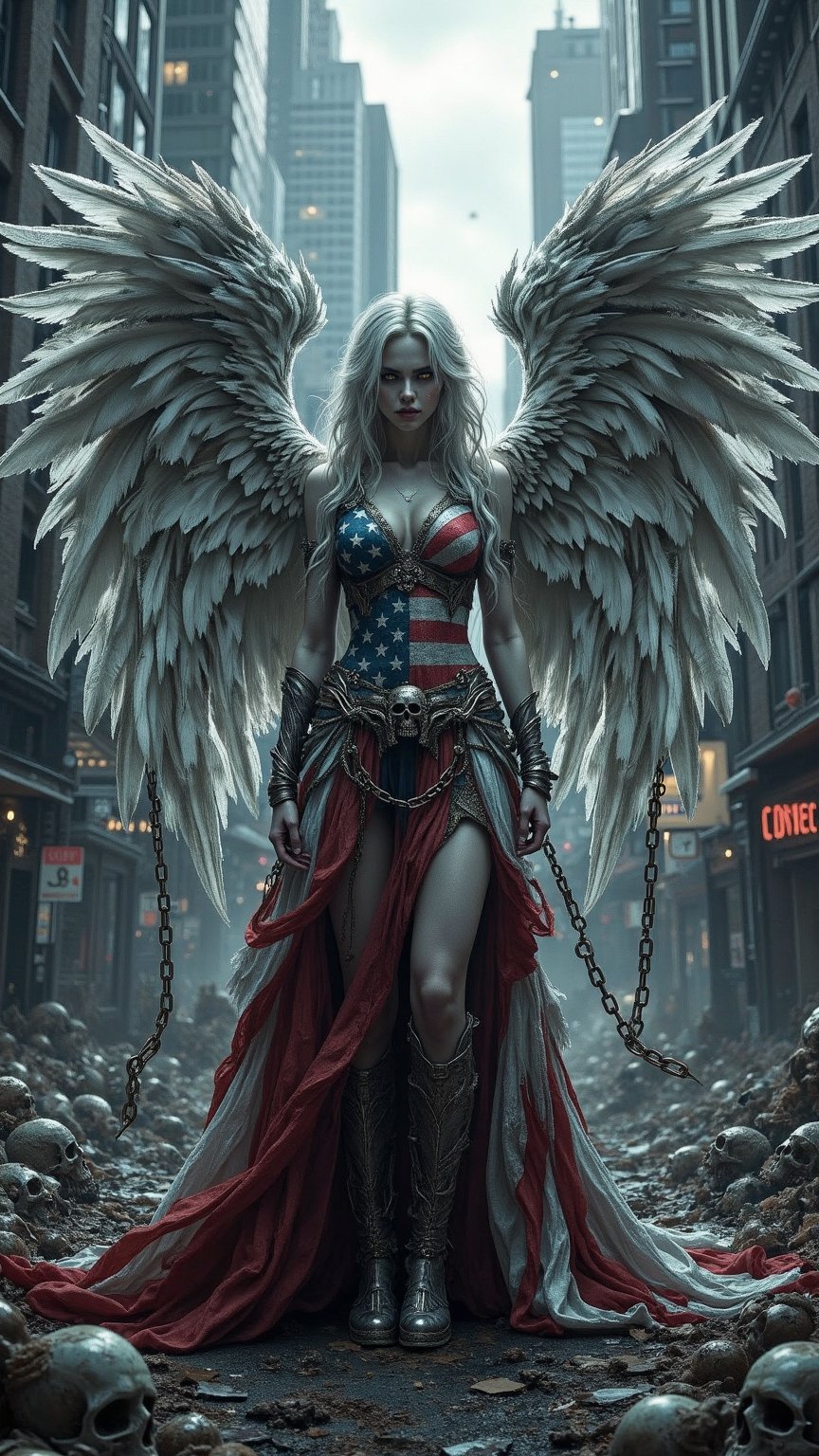 Create an ultra-realistic digital art piece of Elysia,  a fallen angel representing the United States of America. She has...