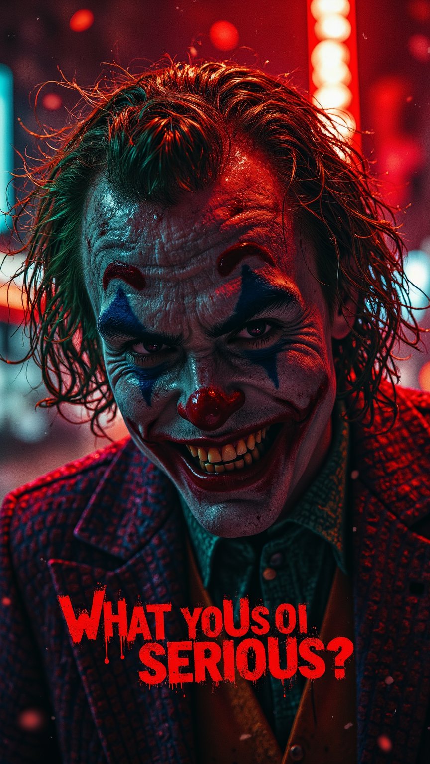 In a dark and gritty urban setting reminiscent of ZloyOrk's style, a haunting full-body shot of the Joker's twisted grin seethes with maniacal intensity against the crimson glow of Gotham City's night sky. Abstract lighting highlights the Joker's pale face, warped into a grotesque grimace, with yellow and crooked teeth. Sharp, angular features seem to defy the dim light as he dares the viewer with a mocking air, the Red letters text Why you so serious? tauntingly juxtaposed against the dark, eerie backdrop.