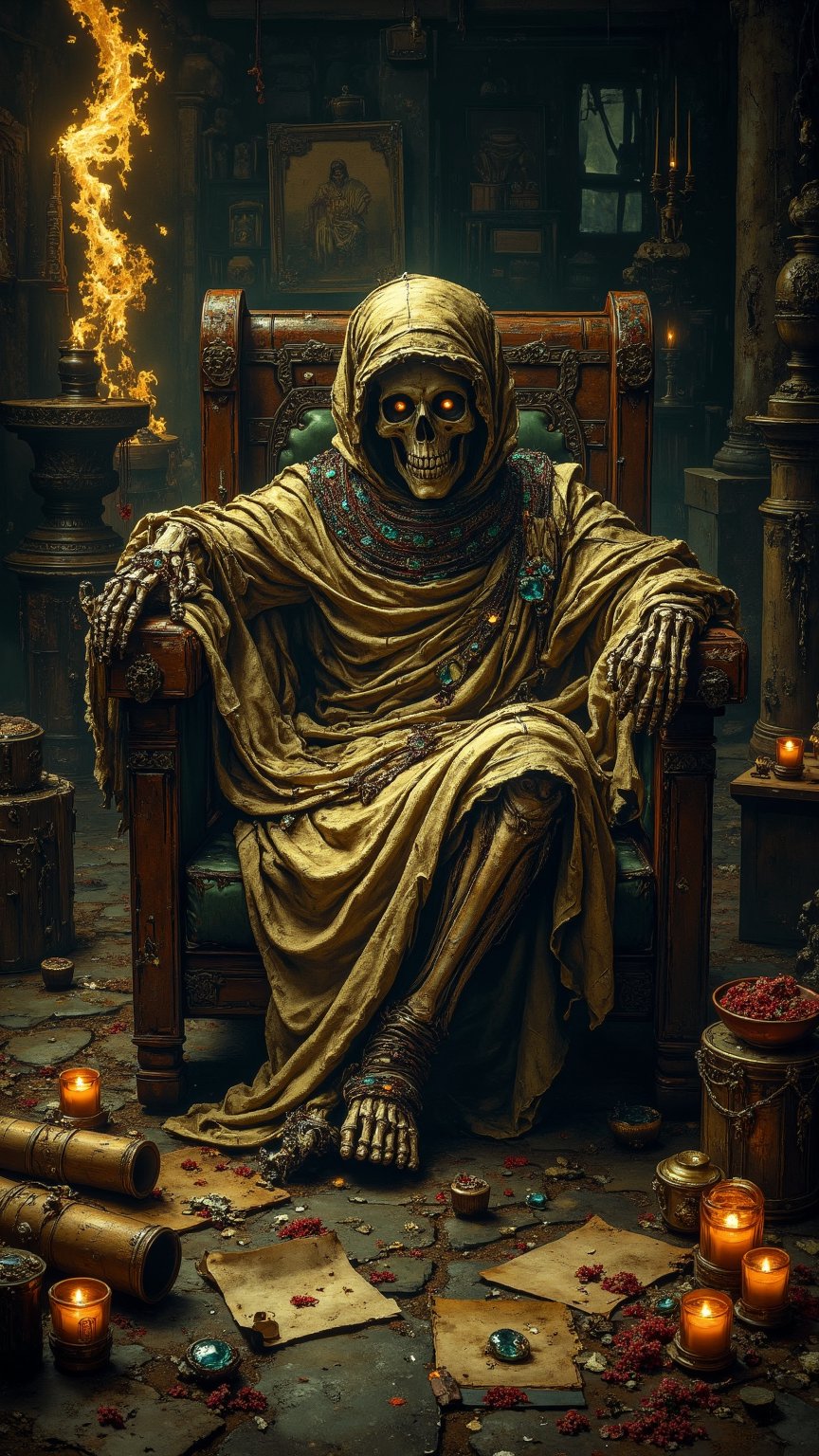 A mystical, oil-painted tableau: a resplendent female mummy sits majestically on a worn stone pedestal, her weathered face aglow with mystique beneath a veil of darkness, framed by rugged edges. Tattered linen wraps her regal form, while detailed mystery eyes seem to hold secrets. Glinting golden artifacts and sparkling jewels scattered across the background evoke forgotten lore. Scrolls unspool tales of ancient mysteries, their worn parchment stretching like skeletal fingers towards the mummy. Moody lighting casts long shadows, weaving an aura of mystery as darkness itself pays homage.