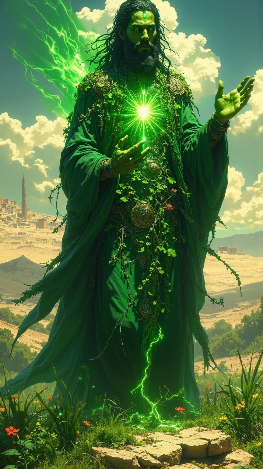 Create a digital artwork of Al-Khidr,  the mythical Green Man from Palestinian folklore,  depicted as a tall by dr ai_art...