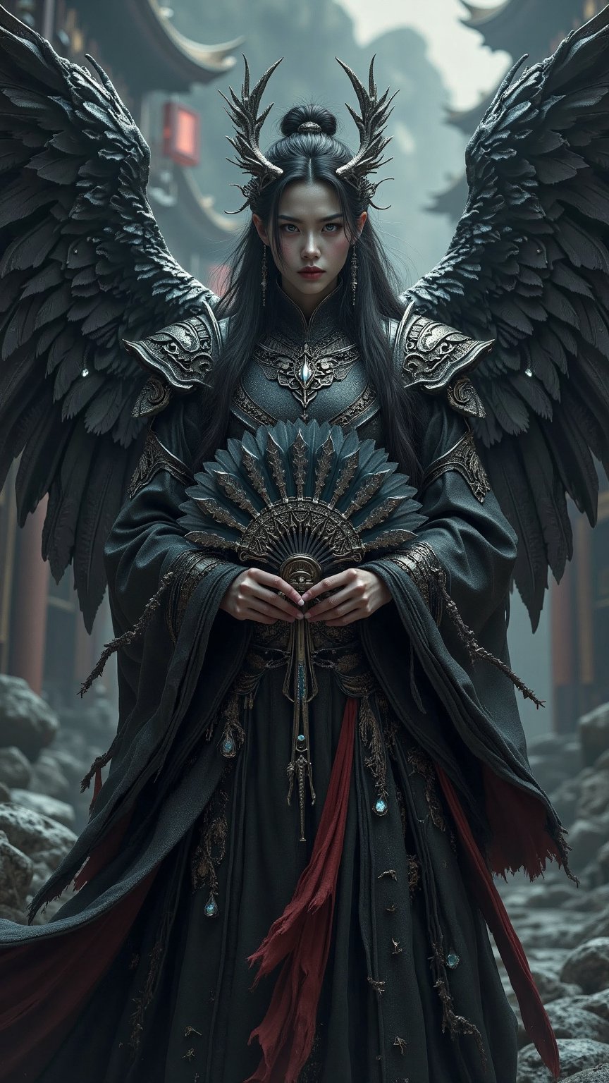 Create an ultra-realistic digital artwork of Xian-Wei,  a fallen angel representing the darker aspects of China. Her wings...
