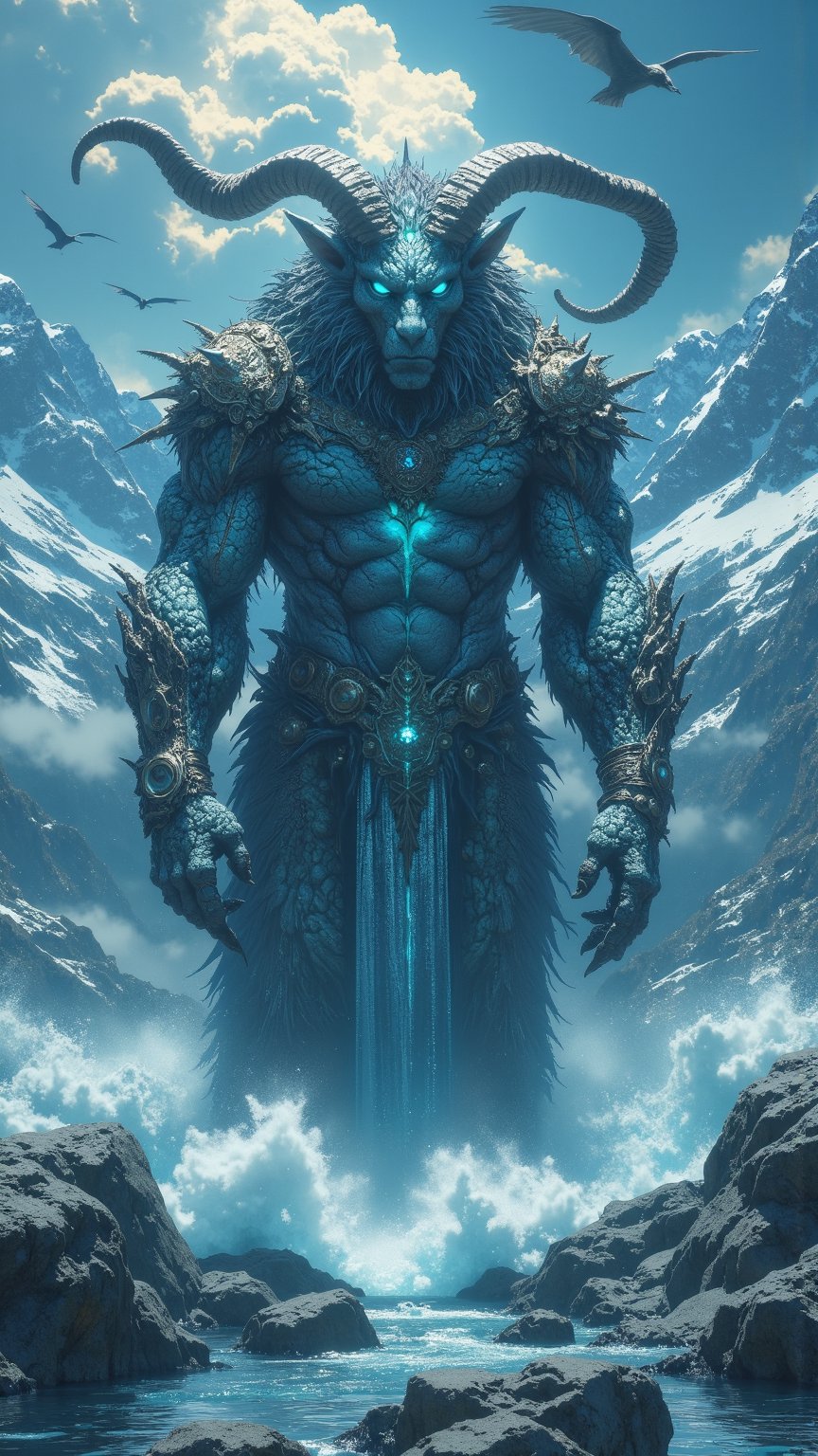 Create an ultra-realistic, extremely detailed digital art image in the style of Zack Snyder, depicting Fjellvokter, the mythical Mountain Guardian of Norway. Fjellvokter appears as a colossal creature that blends the features of a mountain goat and a dragon, with a robust body covered in thick, shaggy fur ranging from deep gray to icy white, seamlessly blending into the rocky Norwegian landscapes. Its large, curling horns resemble majestic mountain peaks, etched with ancient runes that softly glow in the dark. The creature’s piercing ice-blue eyes reflect the beauty of the fjords below, while its powerful legs are built for climbing steep cliffs. Its long, flowing tail mimics cascading waterfalls, adorned with shimmering scales that sparkle like sunlight on water. The scene is set against a breathtaking backdrop of Norway's towering mountains and serene fjords, with mist and fog swirling around, creating a mystical atmosphere, and dramatic lighting that highlights the creature’s majestic form.