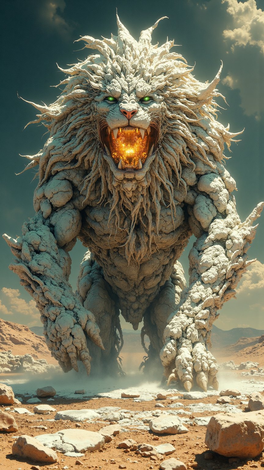 Create an ultra-realistic, extremely detailed digital artwork of **Afari Qore**, a mythical creature representing Djibouti, inspired by the style of Zack Snyder. Afari Qore is a massive hybrid creature, blending the muscular form of a desert lion with the rugged, weathered texture of an ancient stone golem. Its body is covered in shimmering salt crystals, glowing faintly in the harsh sunlight, reflecting the iconic salt lakes of Djibouti. Its flowing mane moves like a swirling desert wind, while its molten lava eyes glow intensely, exuding volcanic power. The creature stands tall in a stark desert landscape, with sand dunes stretching far into the horizon and crystalline salt flats beneath its massive paws. Afari Qore’s presence commands the scene as dark clouds form above, preparing to unleash its elemental control over the earth, summoning sandstorms and creating tremors. The Red Sea glimmers in the background, as the creature's mystical power extends to the water, calming waves or raising towering ocean defenses. The entire image captures a breathtaking, cinematic contrast of desert, salt flats, and volcanic earth, highlighting Afari Qore’s fierce, majestic form against the raw beauty of Djibouti's landscape.