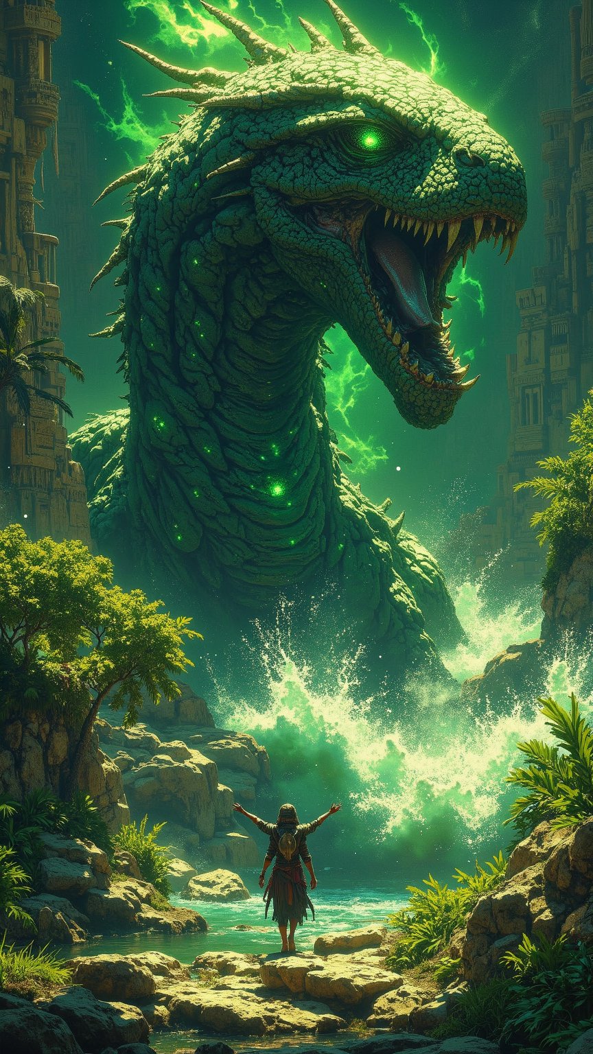 Generate a digital artwork of the Mokele-Mbembe,  a legendary creature representing Egypt,  inspired by the Nile River. Th...