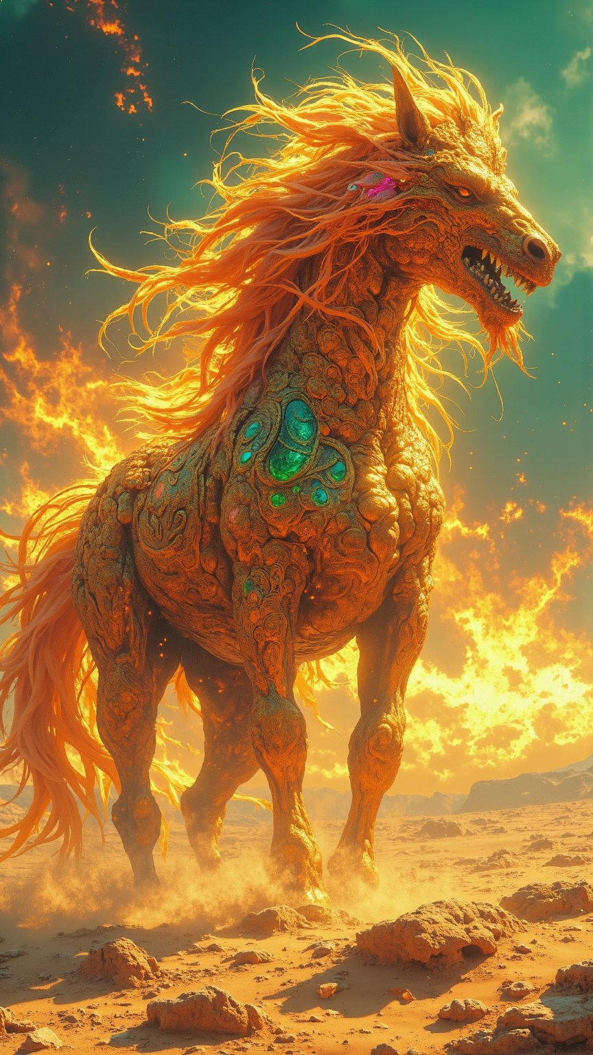 Create a digital artwork of the mythical creature Gyzylga,  representing Turkmenistan,  in the style of Zack Snyder. The G...