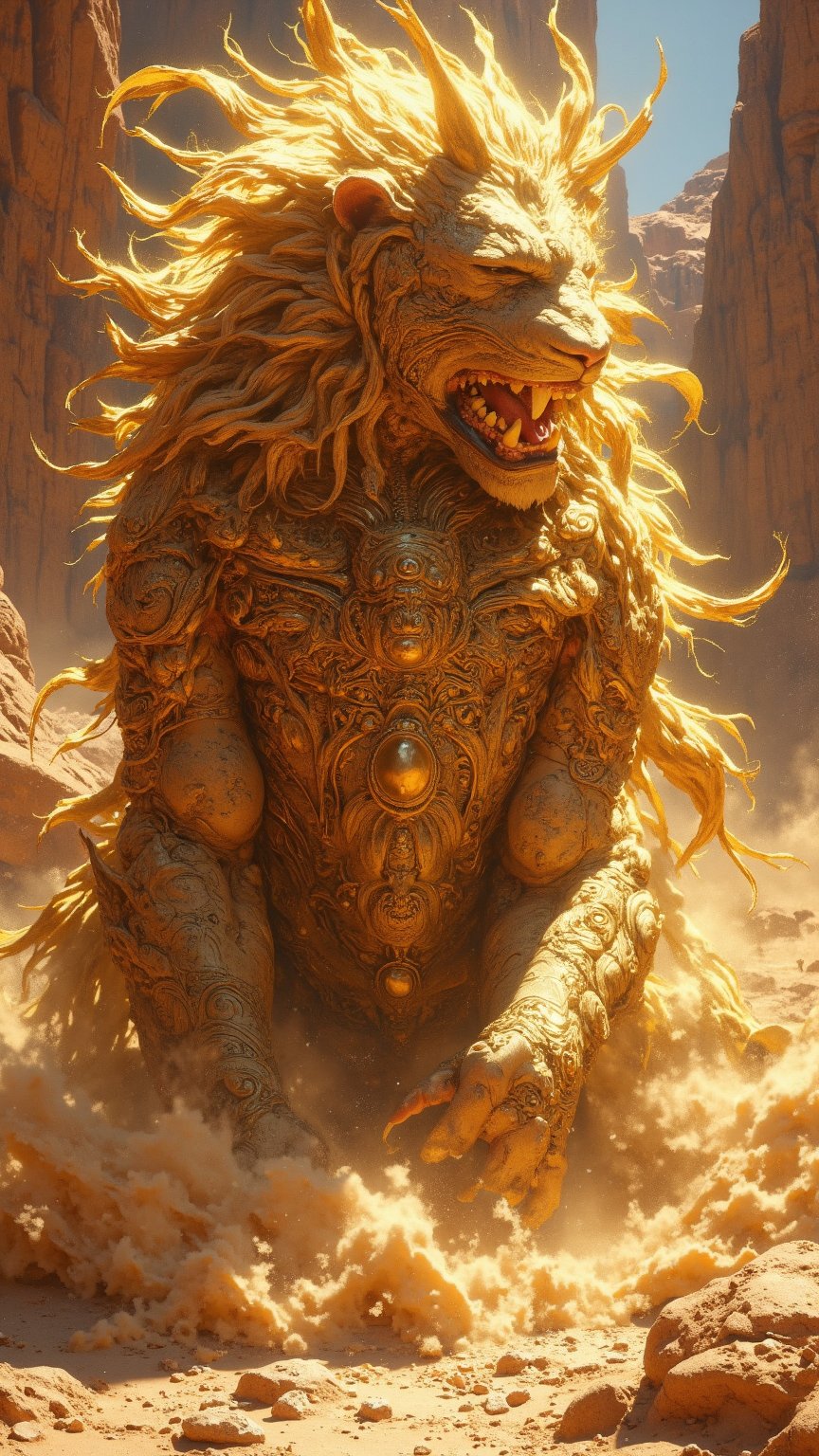 Create a digital artwork of Al-Magha,  the Sand Guardian,  a majestic lion-like creature representing Jordan. It features...