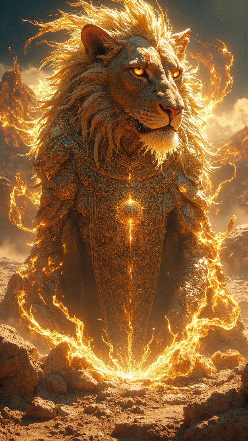 Create a digital artwork of the Al-Bashmur,  a mythical creature from Iraqi folklore,  depicted as a magnificent lion with...