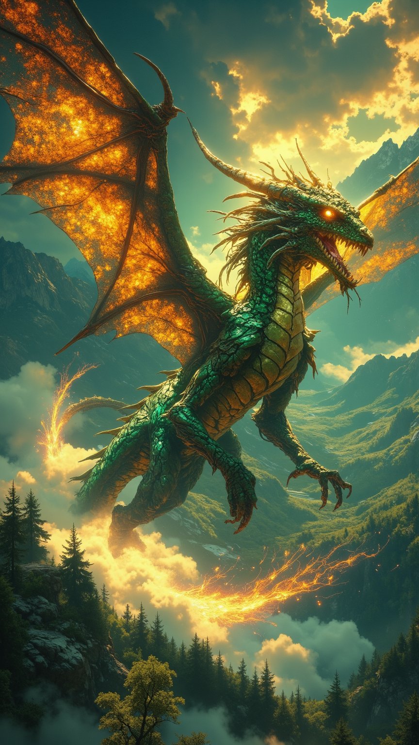 Create an ultra-realistic, extremely detailed digital art image in the style of Zack Snyder, depicting Zmeyslava, the mythical dragon guardian of Bulgaria. Zmeyslava soars through the sky, its long, serpentine body covered in shimmering emerald-green and gold scales, reflecting the lush Bulgarian landscapes. Its large, translucent wings resemble autumn leaves, detailed with intricate veins and patterns. The creature’s face is regal and wise, with glowing fiery orange eyes, reminiscent of a sunset over the Rhodope Mountains. Upon its head rests a crown made of intertwined oak branches, symbolizing Bulgaria’s deep connection to nature and ancient royalty. As Zmeyslava flies, its tail blazes like a comet, leaving a trail of glowing sparks. Below, the majestic Balkan Mountains and vast valleys are partially veiled by mist, which the dragon has summoned for protection. The scene is bathed in warm light, with a cinematic atmosphere, dark clouds in the distance, and sunlight casting dramatic shadows over the landscape.