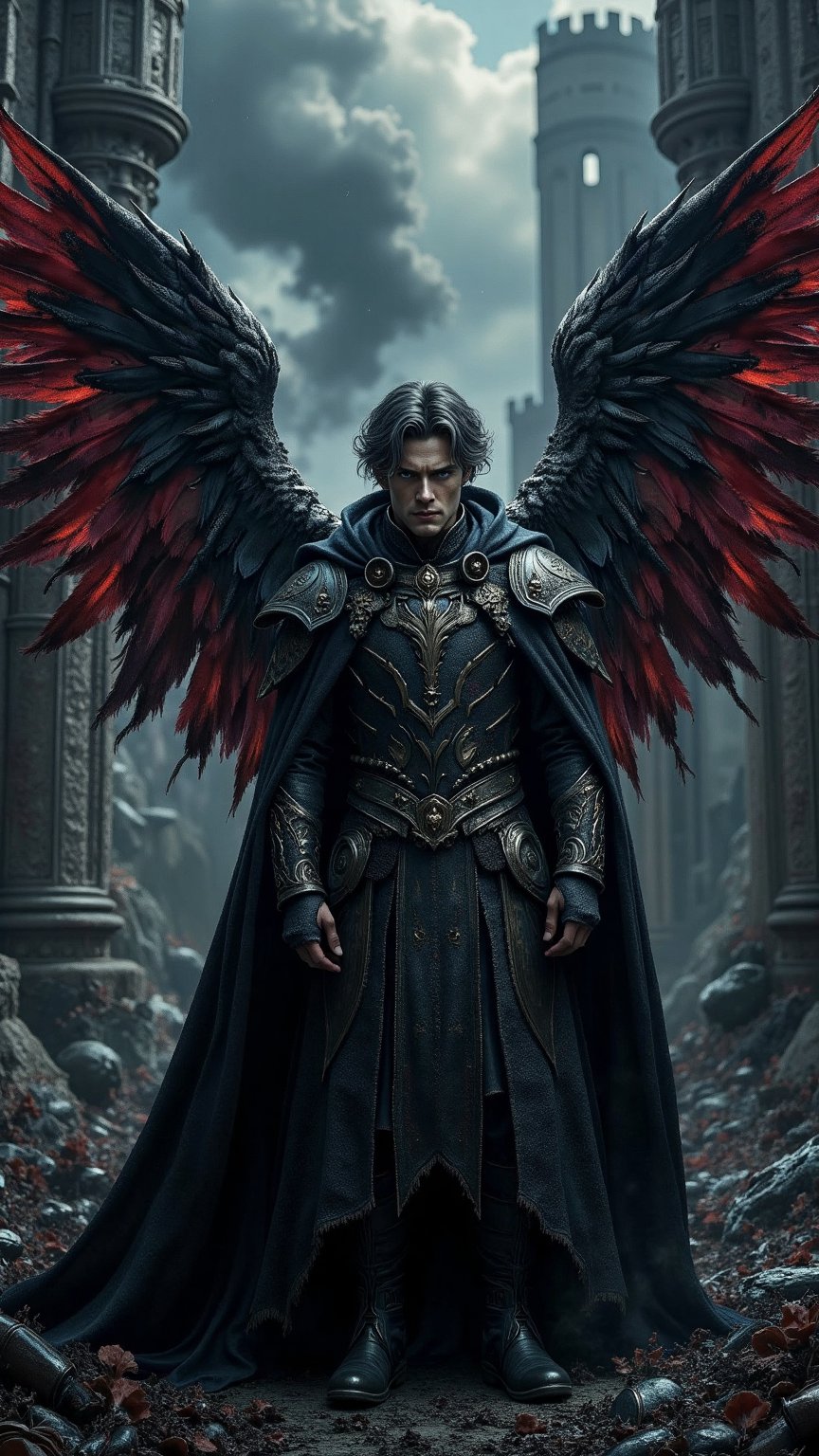 Create an ultra-realistic digital artwork of Ealdred,  a fallen angel representing the darker aspects of the United Kingdo...
