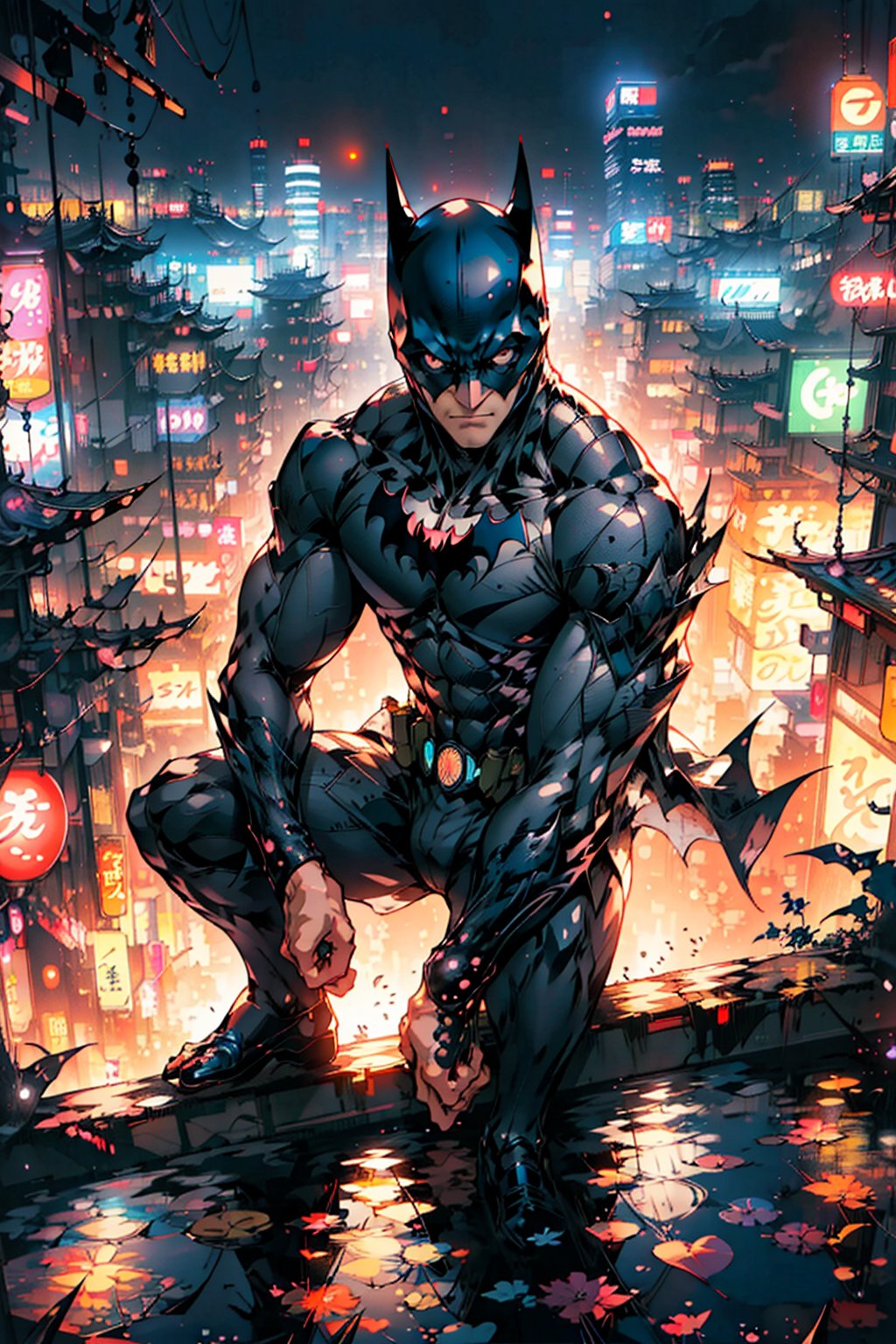 A Josei anime art style portrayal of Batman, set in a reimagined Gotham City inspired by modern-day Japan. The scene is viewed from a top angle, showcasing Batman perched on a high rooftop, overlooking the city. The architecture blends traditional Japanese elements with the iconic skyscrapers of Gotham, creating a unique and immersive cityscape. Batman is depicted in his classic suit, with intricate details and a slightly stylised anime twist, reflecting the aesthetic of the genre. The city below is bathed in a mix of neon lights and shadows, capturing the duality of Gotham's dark allure and vibrant energy. This highly detailed art piece, crafted by a professional Josei anime artist, combines the mystery of Batman with the rich cultural tapestry of Japan.