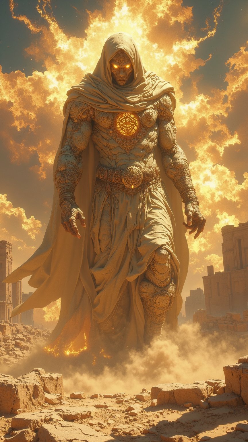Create an ultra-realistic,  extremely detailed digital art piece of Al-Rahbi,  a towering mythical creature from the deser...