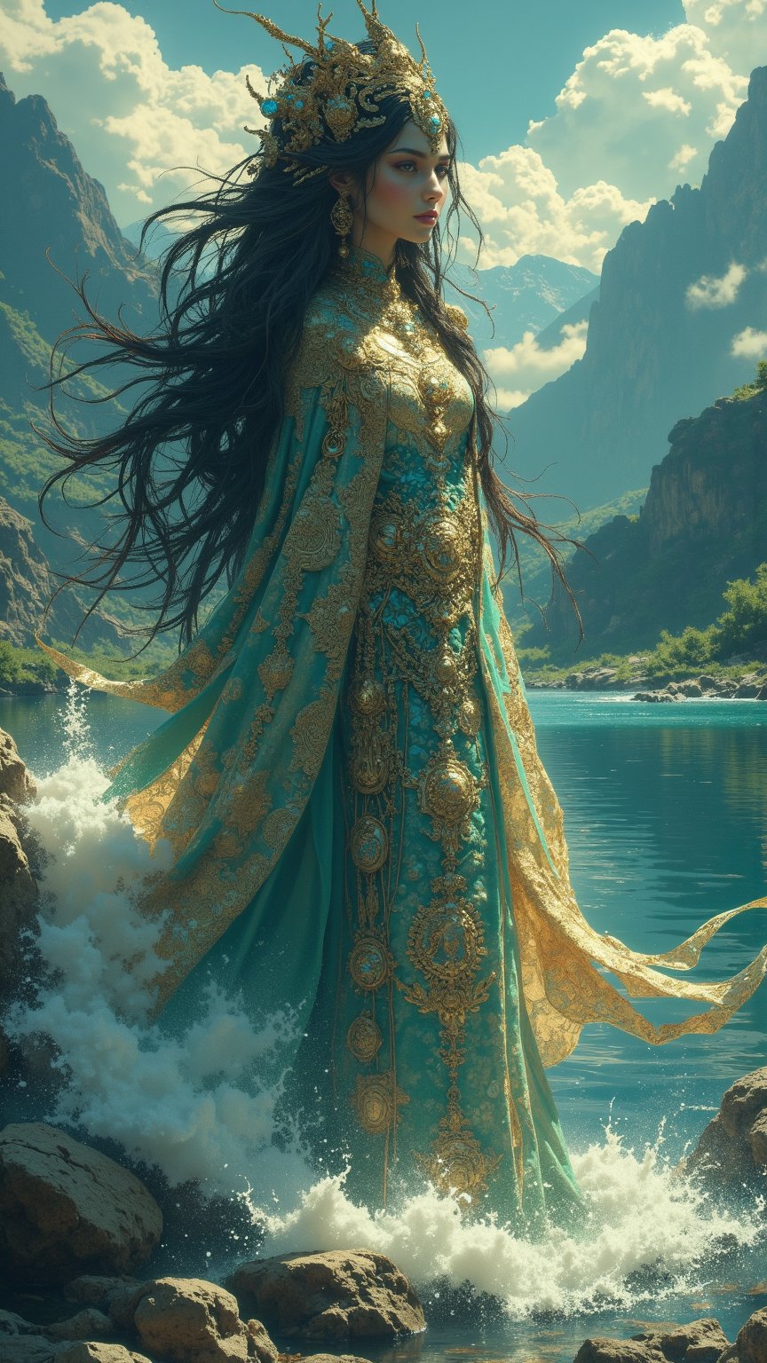 Create a stunning digital artwork of the Apsara,  a mythical creature from Georgian folklore,  depicted as a graceful and...