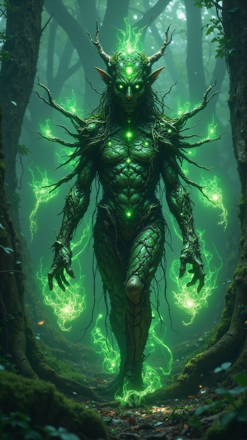 Create an ultra-realistic, extremely detailed digital art image in the style of Zack Snyder, depicting Miško Vaiduoklis, the Forest Phantom representing Lithuania. Miško Vaiduoklis appears as an ethereal, humanoid figure with a body made of translucent, ghostly wood, with ancient tree bark running along its arms and legs, symbolizing its deep connection to Lithuania’s ancient forests. Its glowing green eyes reflect the life force of the forest, while its flowing hair, made of moss, leaves, and small interwoven flowers and ferns, gives it a serene and timeless aura. The creature's mist-like wings blend into the surrounding fog, allowing it to move swiftly and silently between the towering trees. The background showcases a dense, mysterious Lithuanian forest bathed in soft, diffused light, with roots and vines subtly responding to the creature’s protective energy. The atmosphere is mystical, serene, and ancient, emphasizing the spirit’s role as a guardian of nature and the forest’s deep cultural significance.