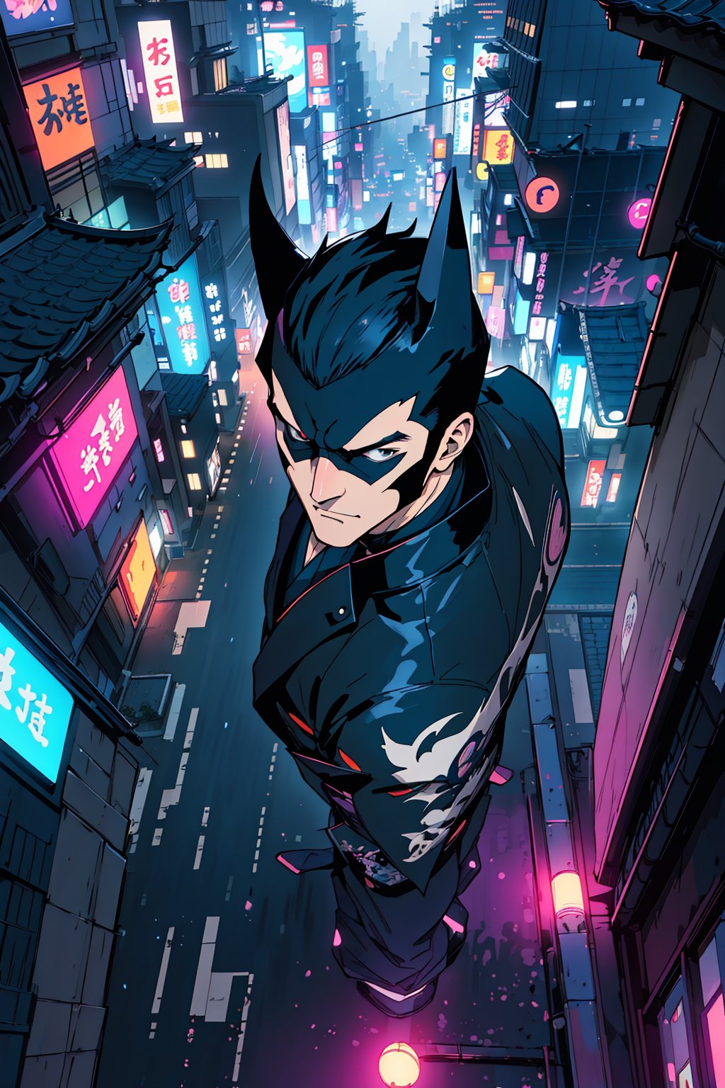 A Josei anime art style portrayal of Batman, set in a reimagined Gotham City inspired by modern-day Japan. The scene is viewed from a top angle, showcasing Batman perched on a high rooftop, overlooking the city. The architecture blends traditional Japanese elements with the iconic skyscrapers of Gotham, creating a unique and immersive cityscape. Batman is depicted in his classic suit, with intricate details and a slightly stylised anime twist, reflecting the aesthetic of the genre. The city below is bathed in a mix of neon lights and shadows, capturing the duality of Gotham's dark allure and vibrant energy. This highly detailed art piece, crafted by a professional Josei anime artist, combines the mystery of Batman with the rich cultural tapestry of Japan.