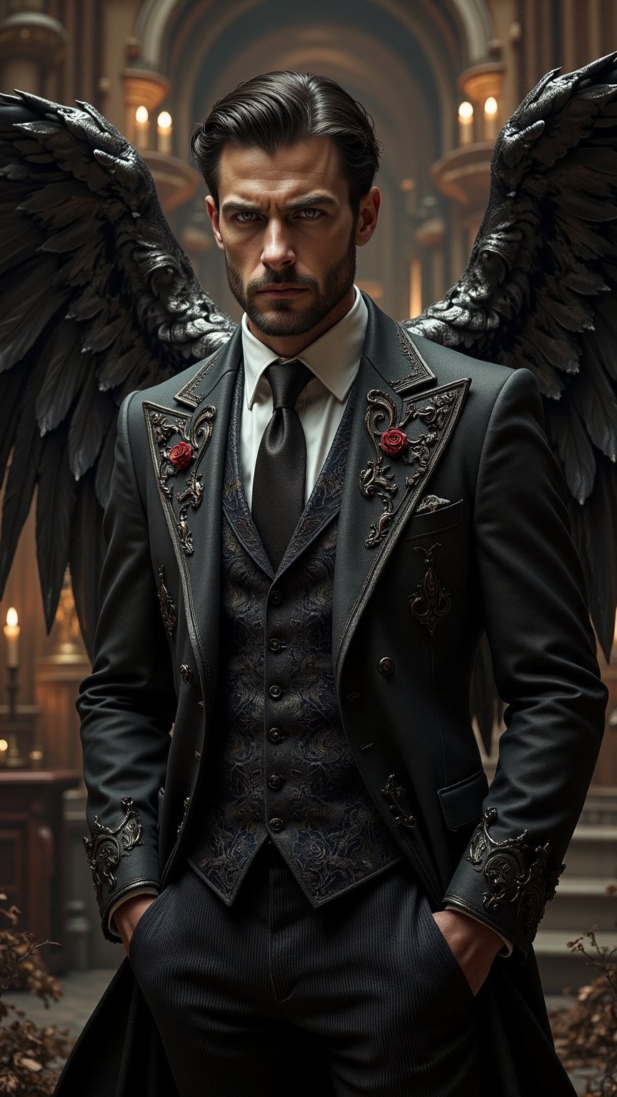Create an ultra-realistic digital artwork of Malvagio,  a fallen angel representing the darker aspects of Italy. He has st...