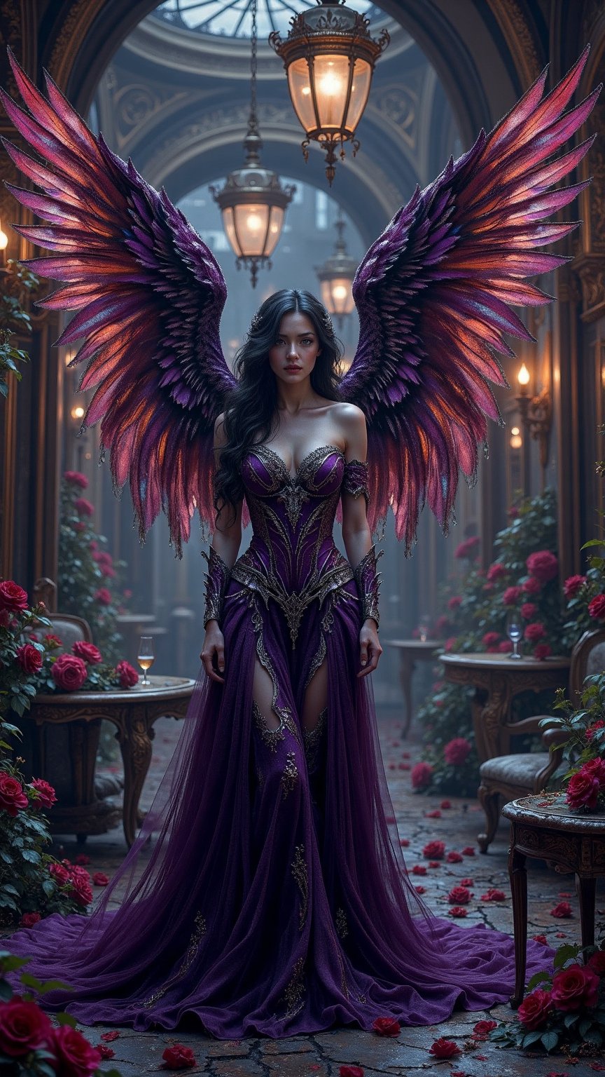 Create an ultra-realistic digital artwork of Vespera,  a fallen angel representing the darker aspects of France. Her large...