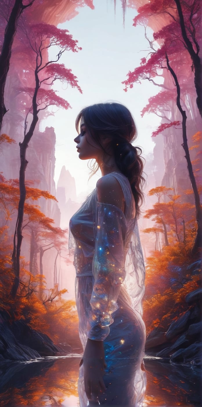 Silhouette of a girl in a scenery of a magical world,  fantastic scenery of another world,  close-up by Marcela on Tensor.Art