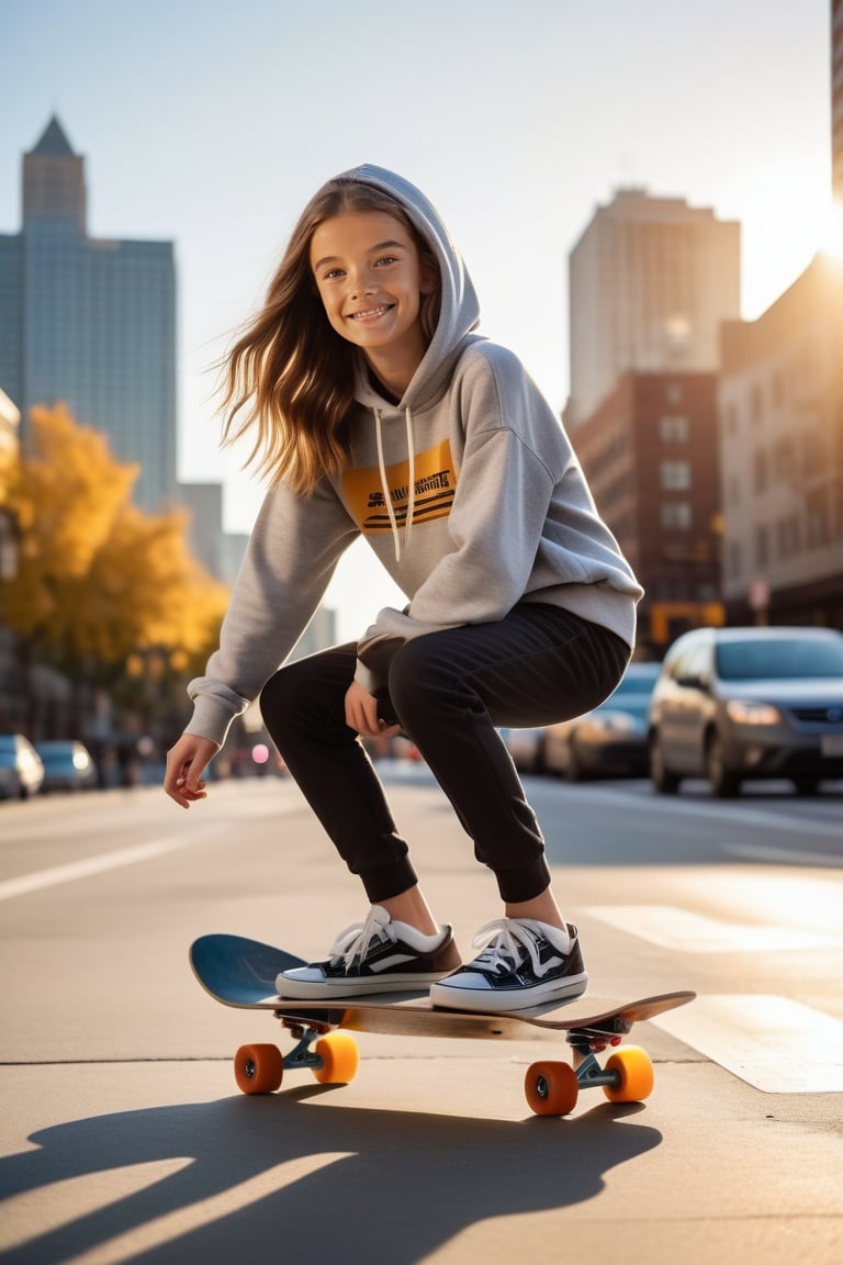 A young teenager wearing a casual athletic outfit,  such as a hoodie and sweatpants,  is perched on her skateboard in the...