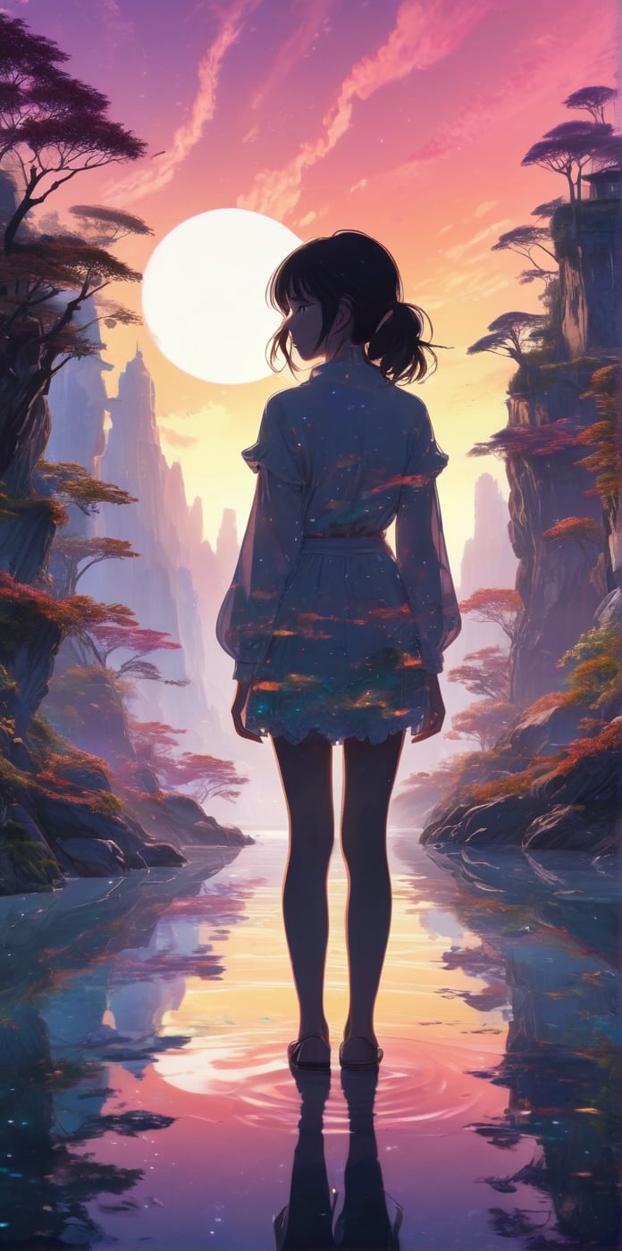Silhouette of a girl in a scenery of a magical world,  fantastic scenery of another world,  close-up by Marcela on Tensor.Art