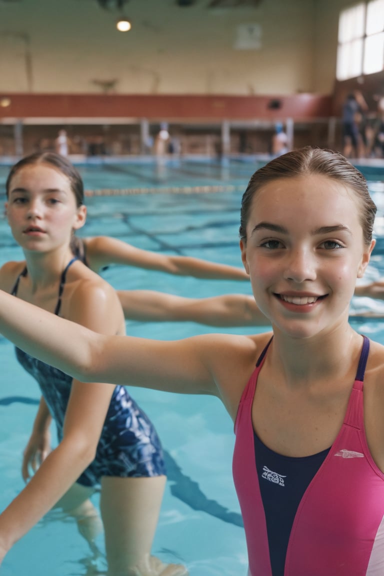 Girls in swimming class in an indoor Olympic pool by Marcela on Tensor.Art