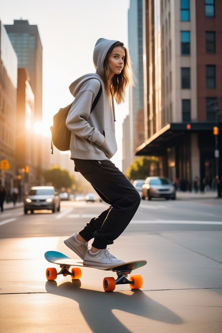 A young teenager wearing a casual athletic outfit,  such as a hoodie and sweatpants,  is perched on her skateboard in the...