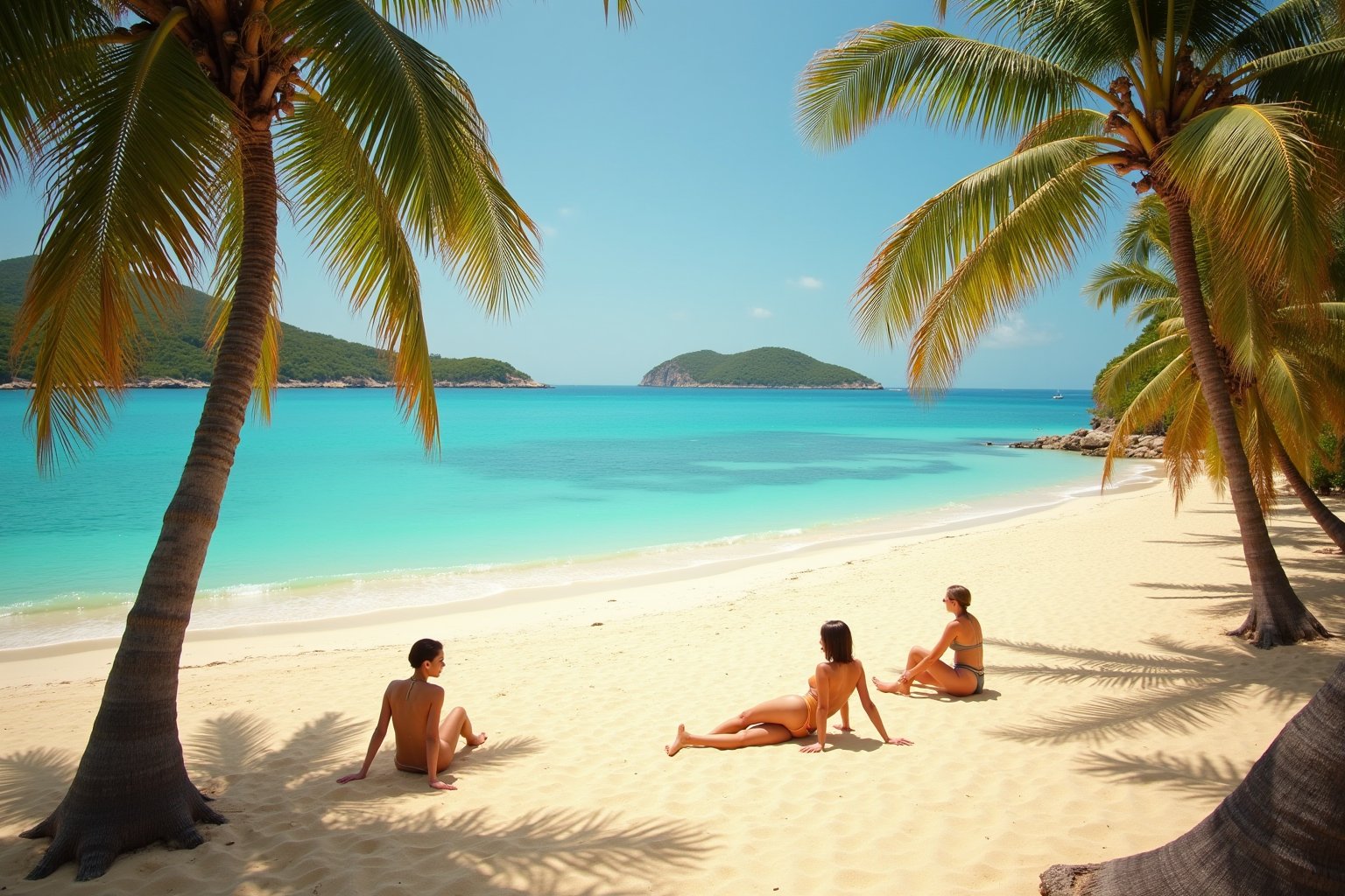 A serene panoramic shot captures the breathtaking beauty of a secluded nudist beach,  exclusively inhabited by women. Soft...