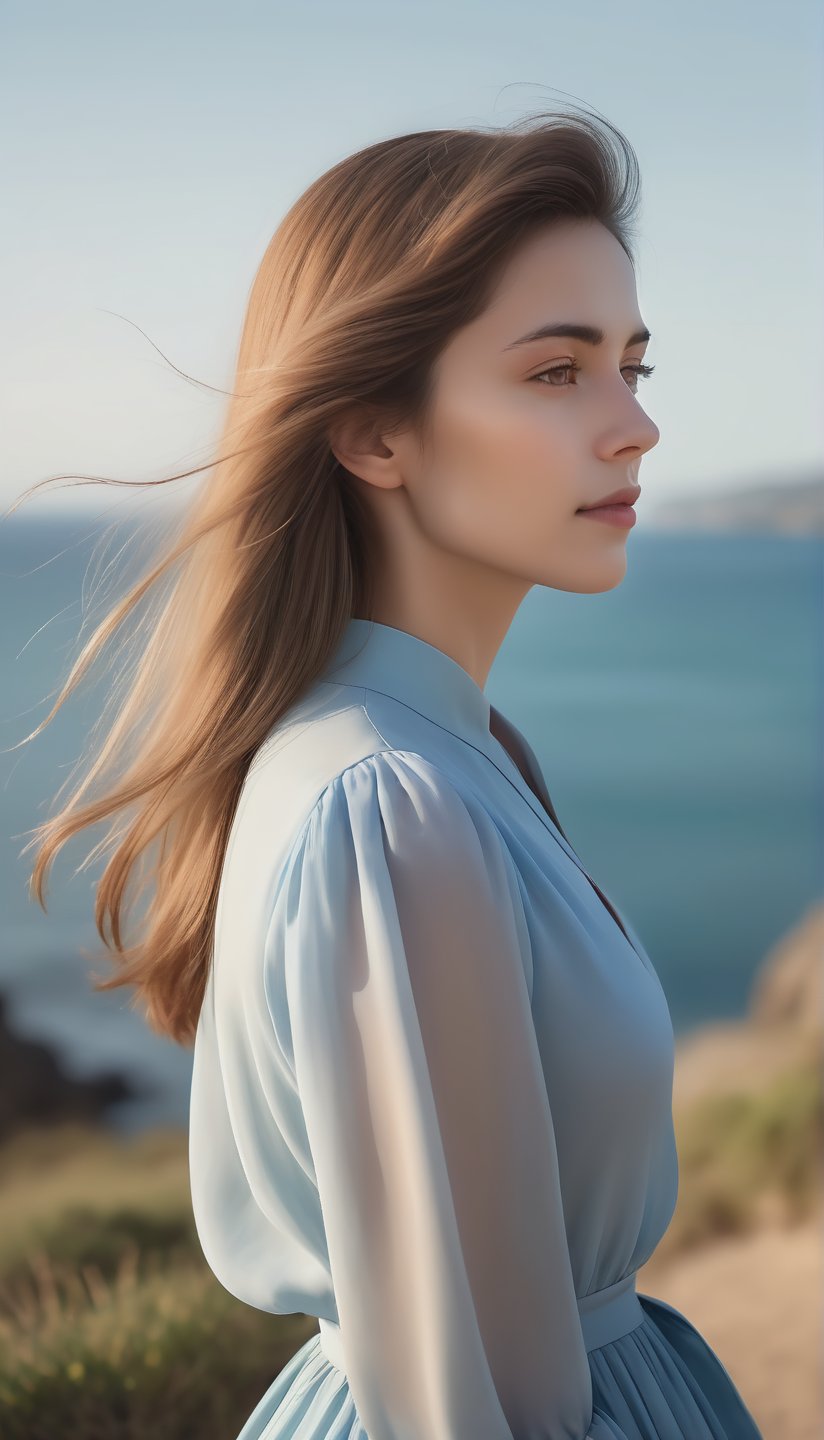 Soft focus captures María Joaquina's serene profile as she strolls along the coastal path,  her light eyes gazing upward a...