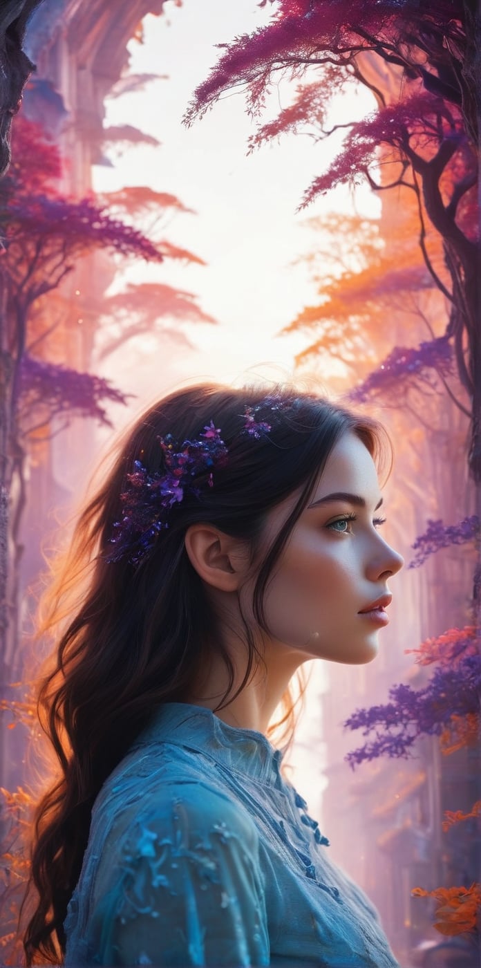 Silhouette of a girl in a scenery of a magical world,  fantastic scenery of another world,  close-up by Marcela on Tensor.Art