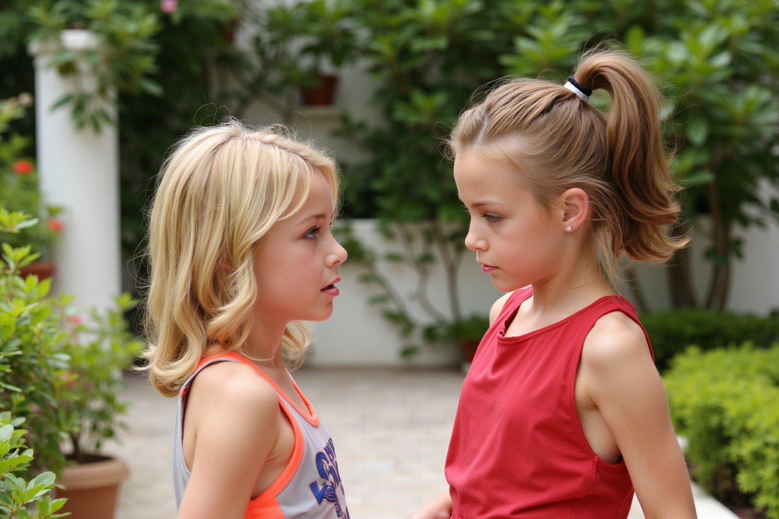 Two girls 21 years  old are facing each other, they are looking at each other with a serious look, one girl is blonde with blue eyes and the other girl has brown hair with brown eyes, both girls are very beautiful, one girl has a sports outfit with tennis shoes and the other girl She has an evening dress with high heels,real life