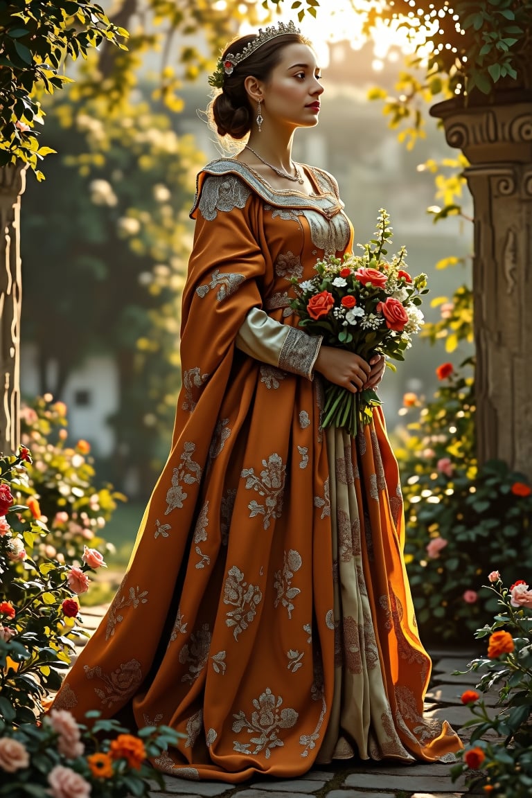 A medieval beauty princess, standing gracefully in a lush garden, surrounded by blooming flowers and verdant greenery. The princess wears a flowing gown of rich silk, adorned with delicate lace and embroidery. The garden is bathed in the soft, golden light of the setting sun, casting a warm glow on the scene. The princess holds a posy of flowers, her expression serene and contemplative. The composition is centered on the princess, with the garden's vibrant colors and intricate details enhancing the tranquil atmosphere.