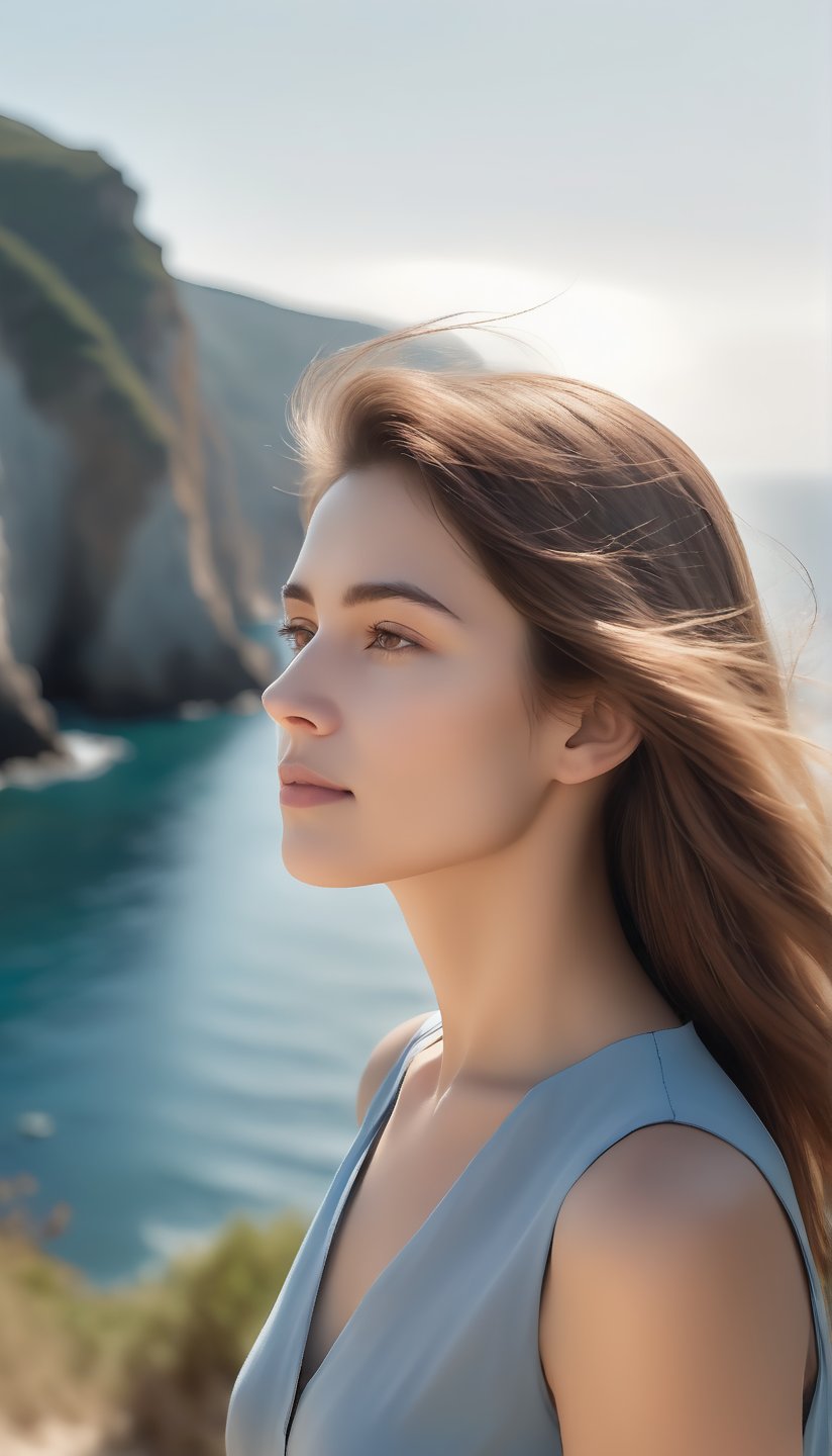 Soft focus captures María Joaquina's serene profile as she strolls along the coastal path,  her light eyes gazing upward a...