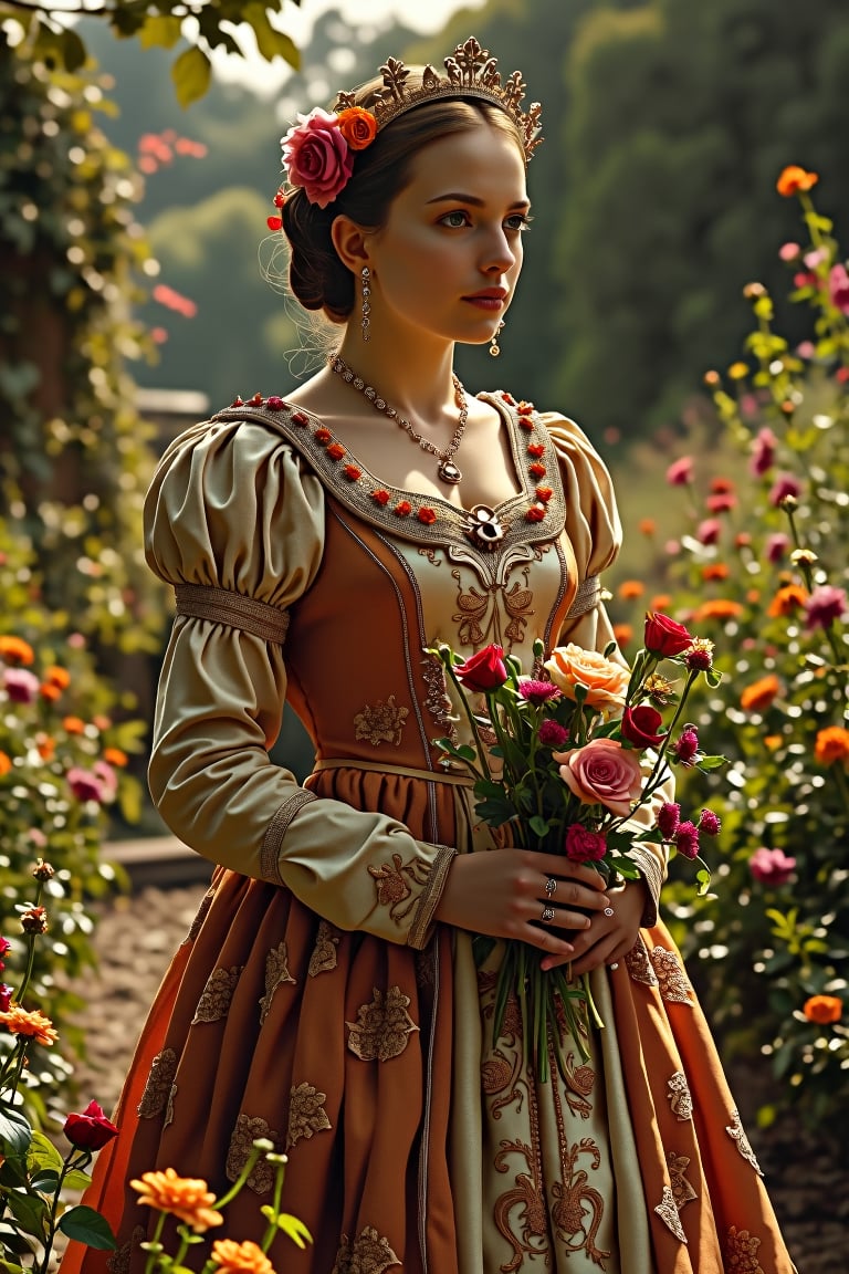 A medieval beauty princess, standing gracefully in a lush garden, surrounded by blooming flowers and verdant greenery. The princess wears a flowing gown of rich silk, adorned with delicate lace and embroidery. The garden is bathed in the soft, golden light of the setting sun, casting a warm glow on the scene. The princess holds a posy of flowers, her expression serene and contemplative. The composition is centered on the princess, with the garden's vibrant colors and intricate details enhancing the tranquil atmosphere.