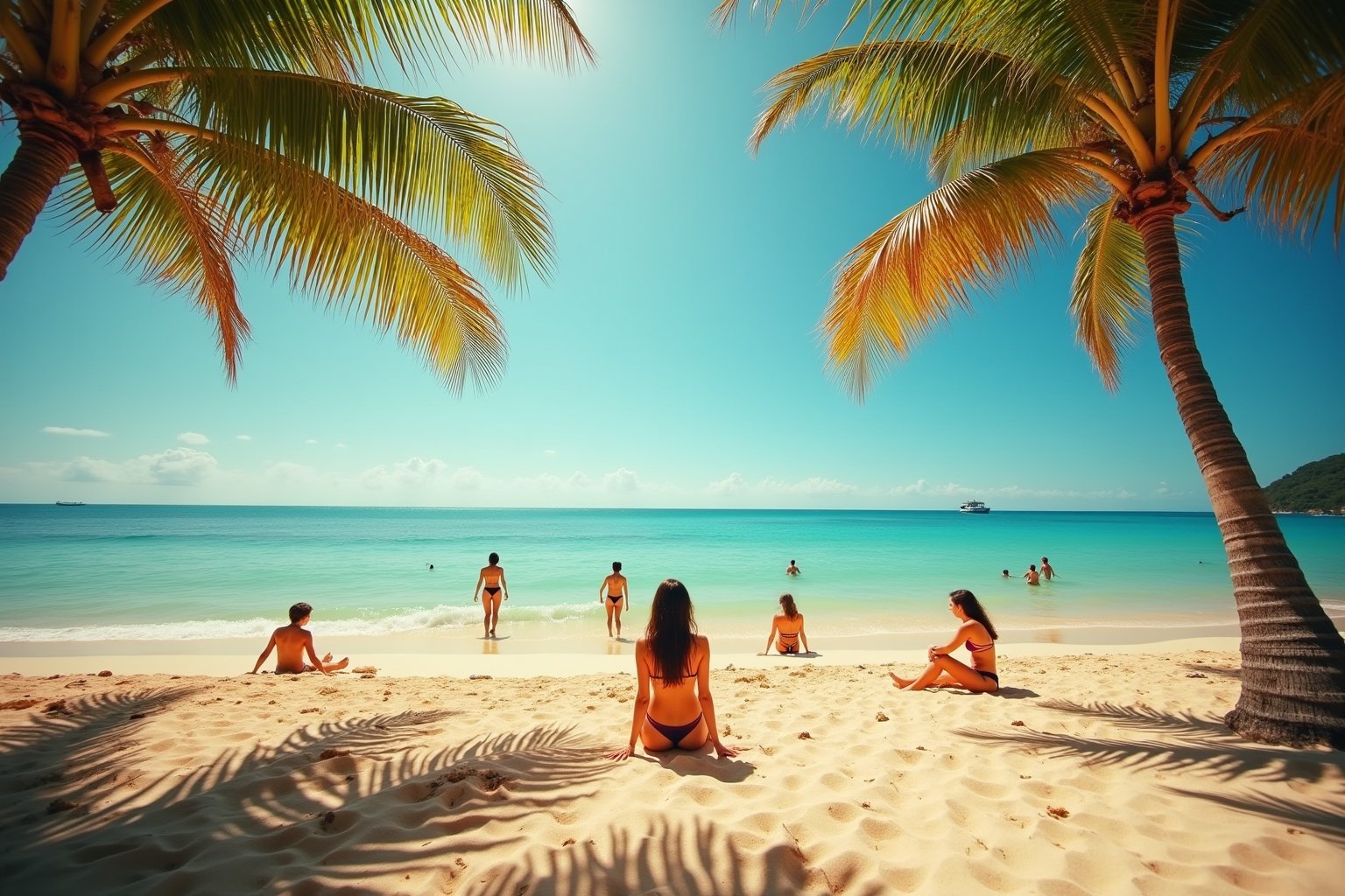A serene panoramic shot captures the breathtaking beauty of a secluded nudist beach,  exclusively inhabited by women. Soft...
